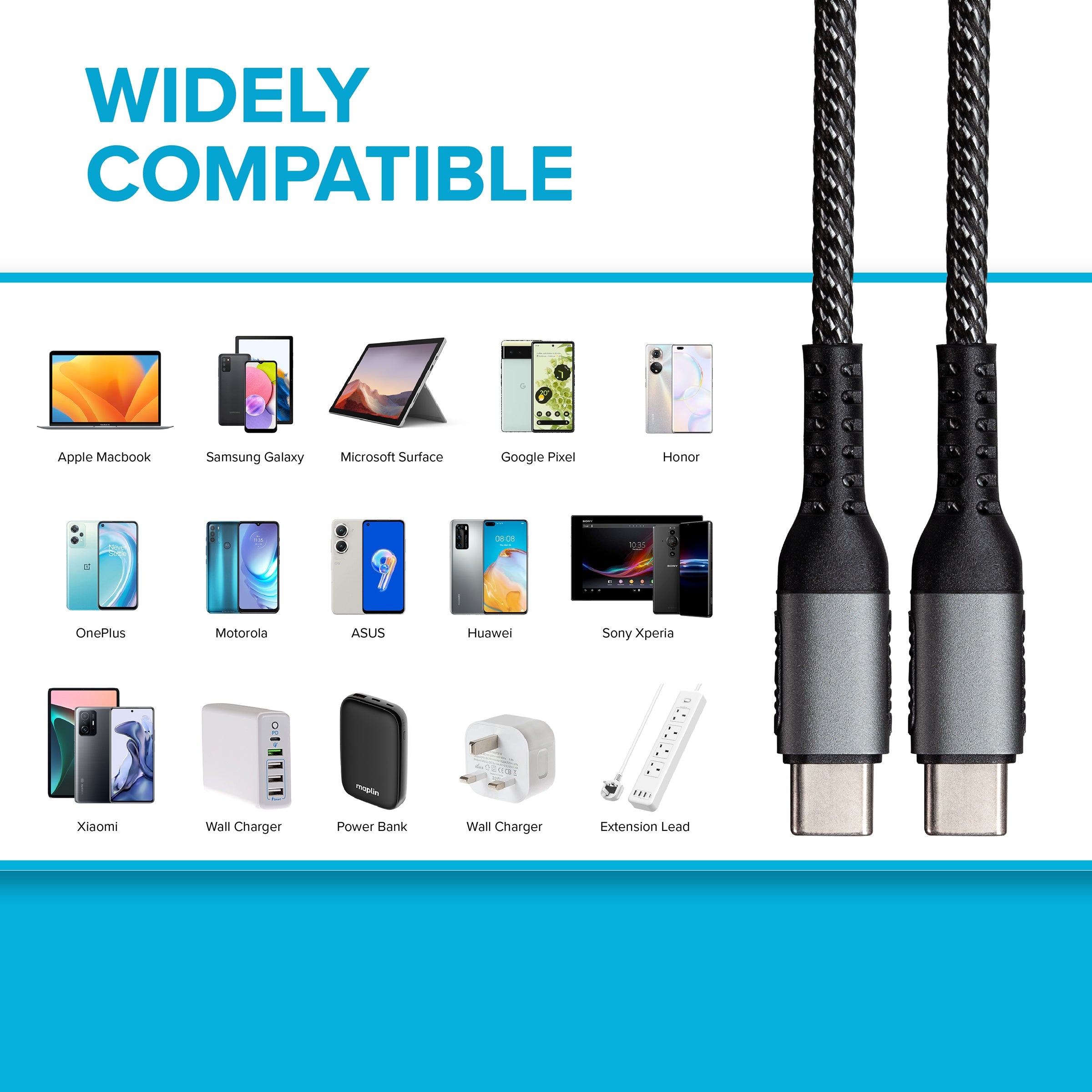 Maplin USB-C to USB-C 60W PD Braided Cable - Silver