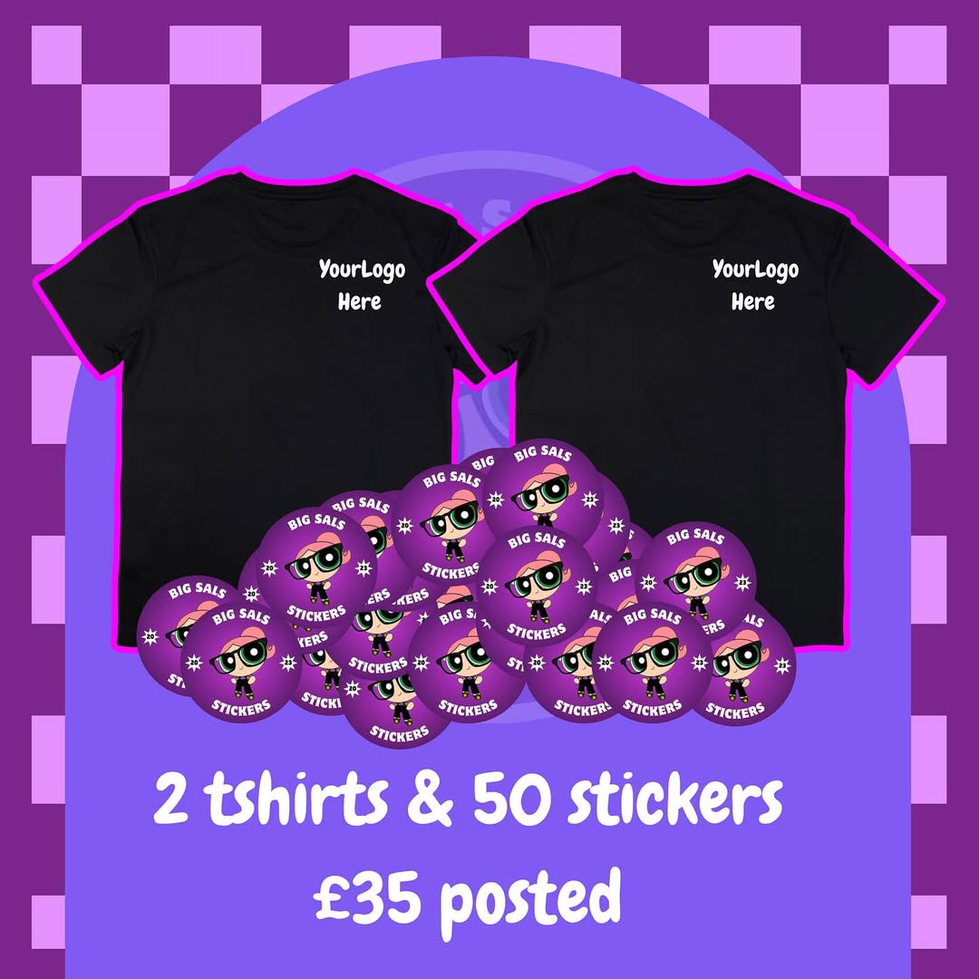Big Sals Mega Bundle – 2 Custom T-Shirts + 50 Die-Cut Stickers