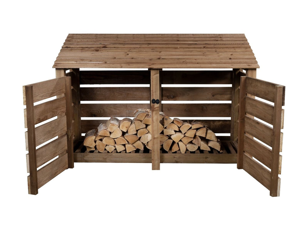 Slatted Wooden Log Store with Doors W-187cm, H-126cm or 180cm, D-88cm - Brown Finish