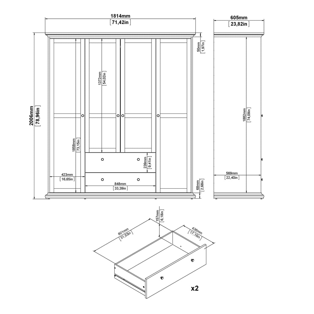 Paris Wardrobe with 4 Doors and 2 Drawers in White
