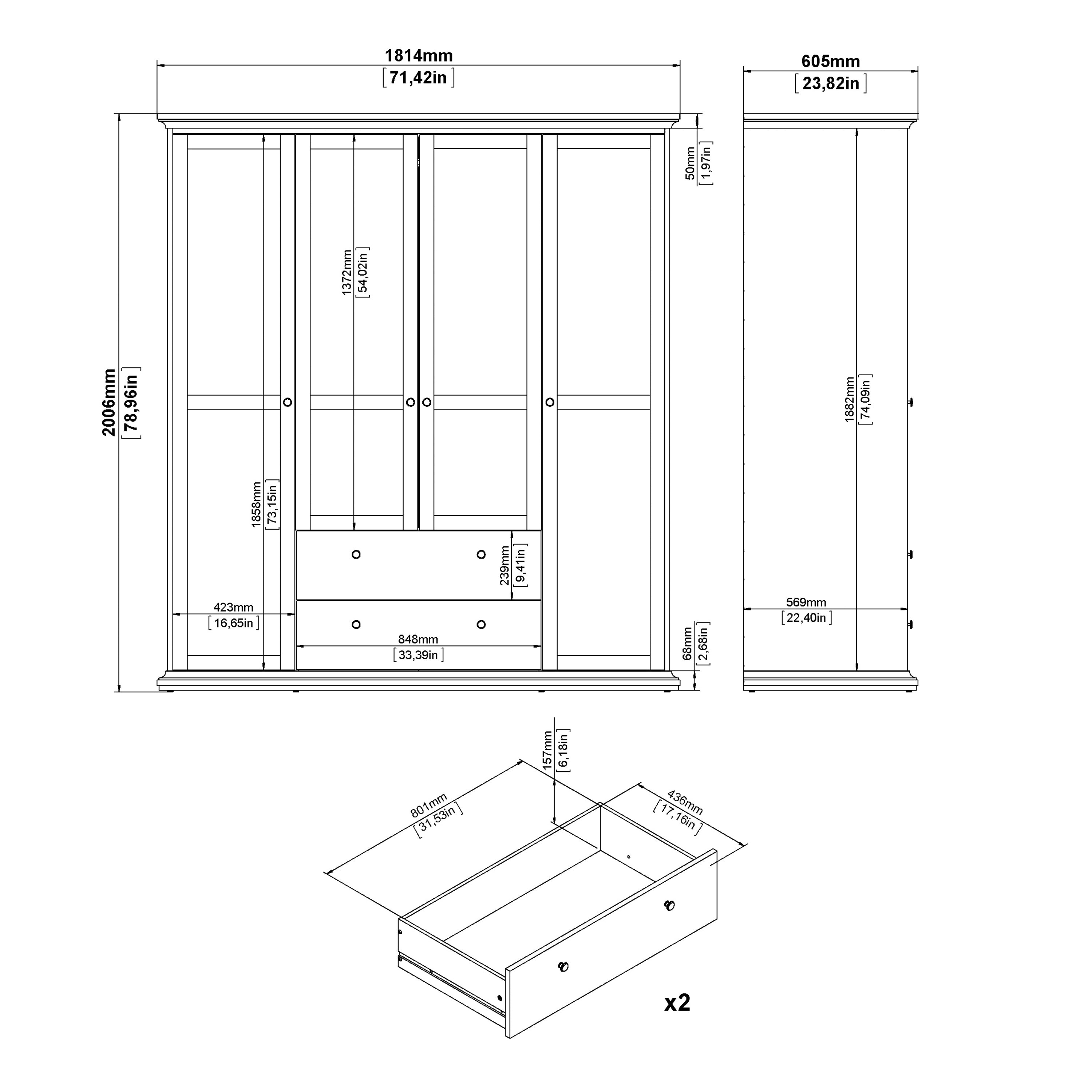 Paris Wardrobe with 4 Doors and 2 Drawers in White