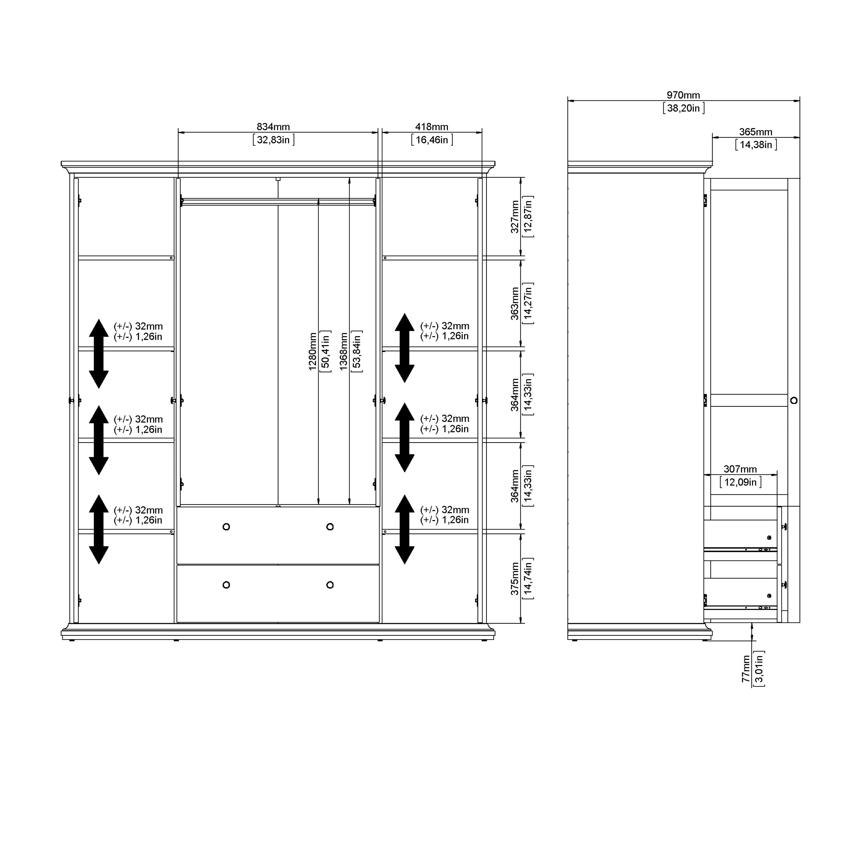 Paris Wardrobe with 4 Doors and 2 Drawers in White