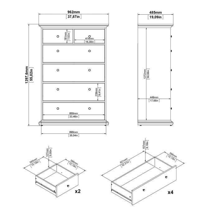 Paris Chest of 6 Drawers in Matt Grey