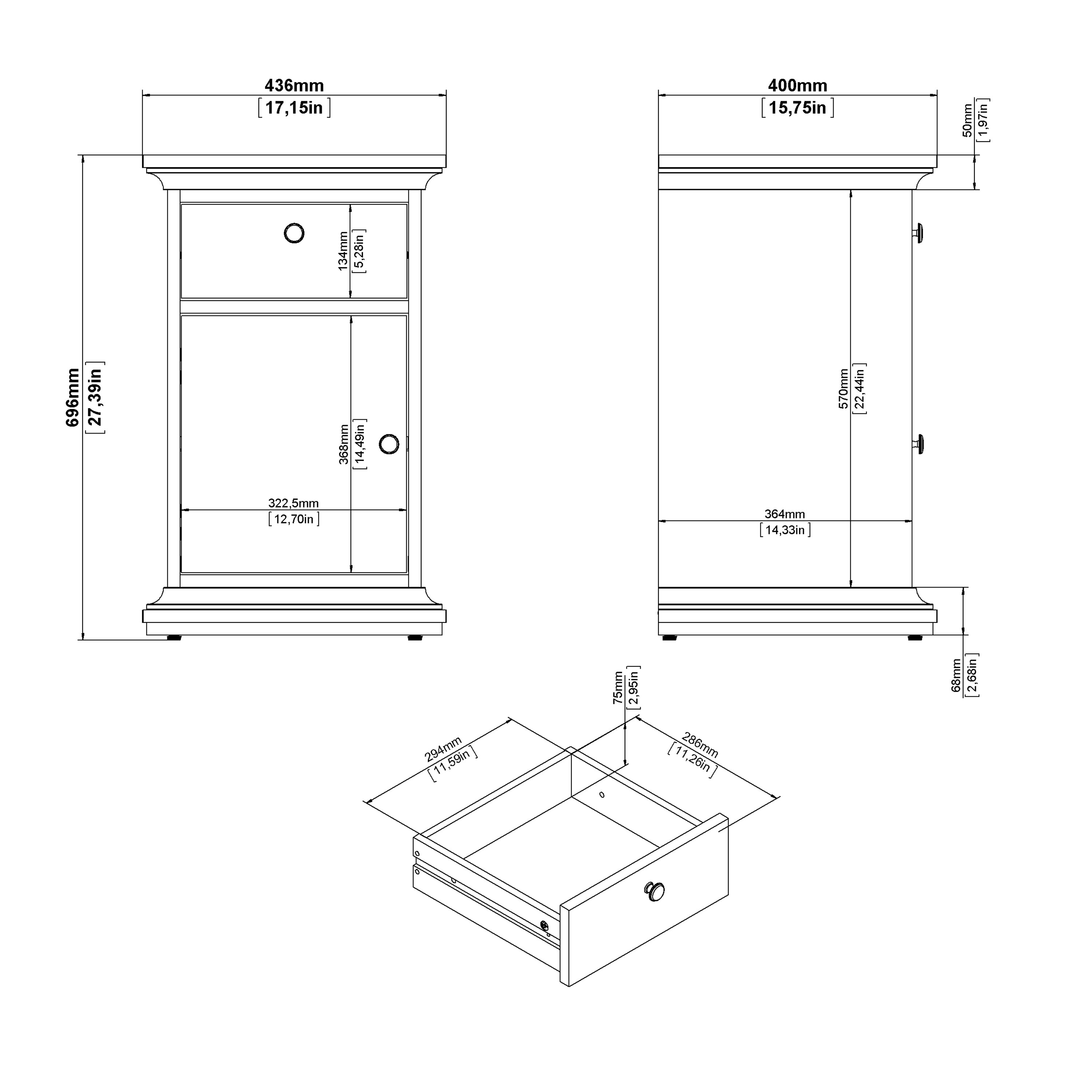 Paris Nightstand 1 Door + 1 Drawer in White