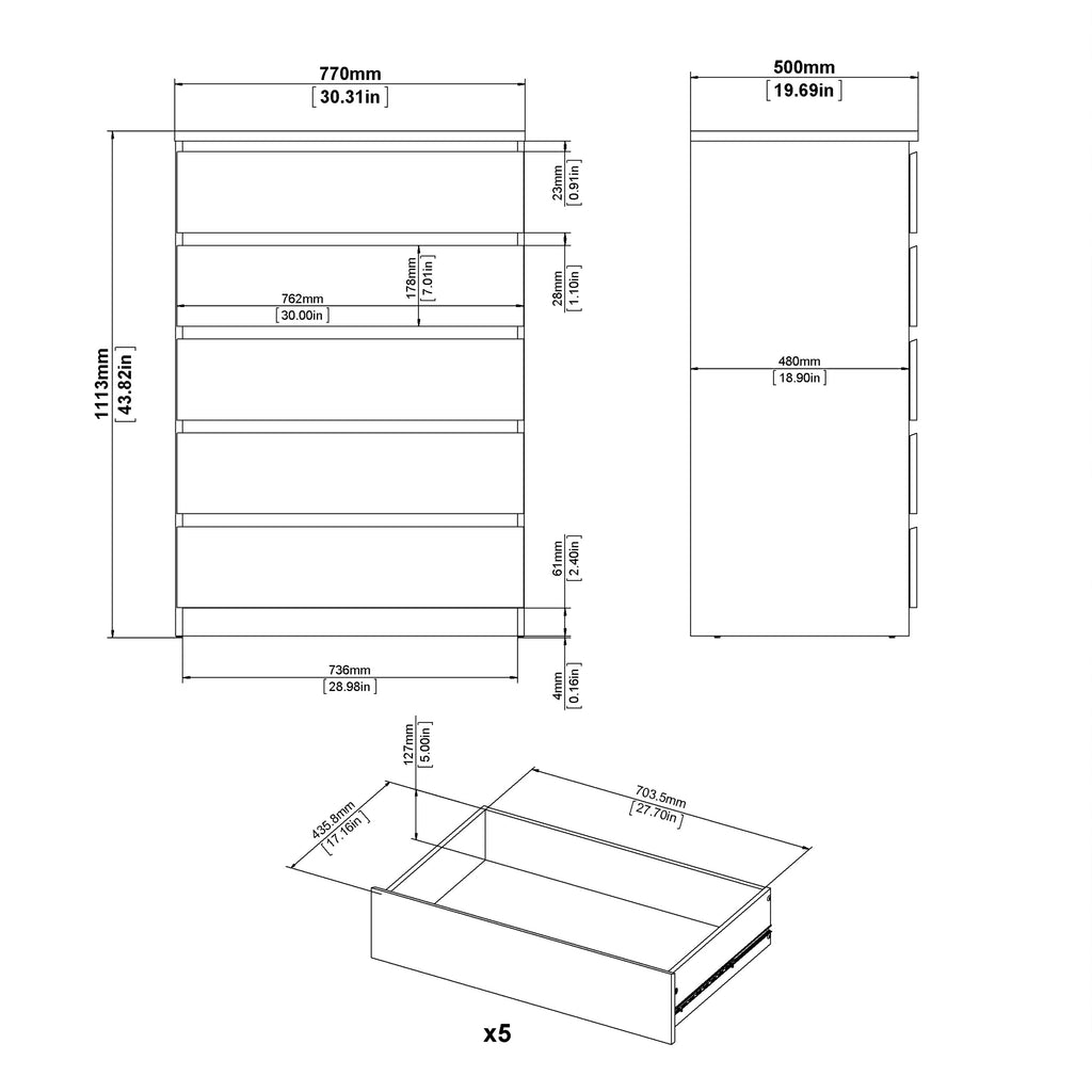 Naia Chest of 5 Drawers in White High Gloss