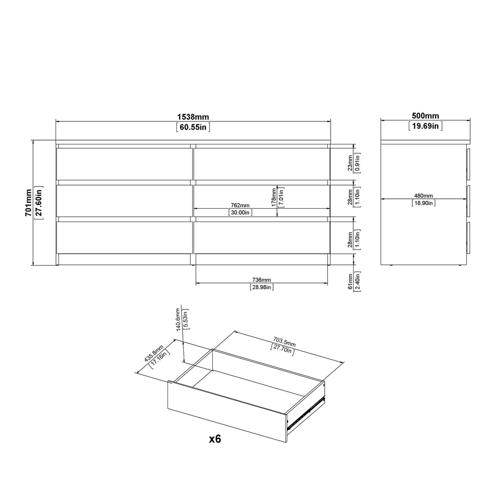 Naia Wide Chest of 6 Drawers (3+3) in Concrete and White High Gloss
