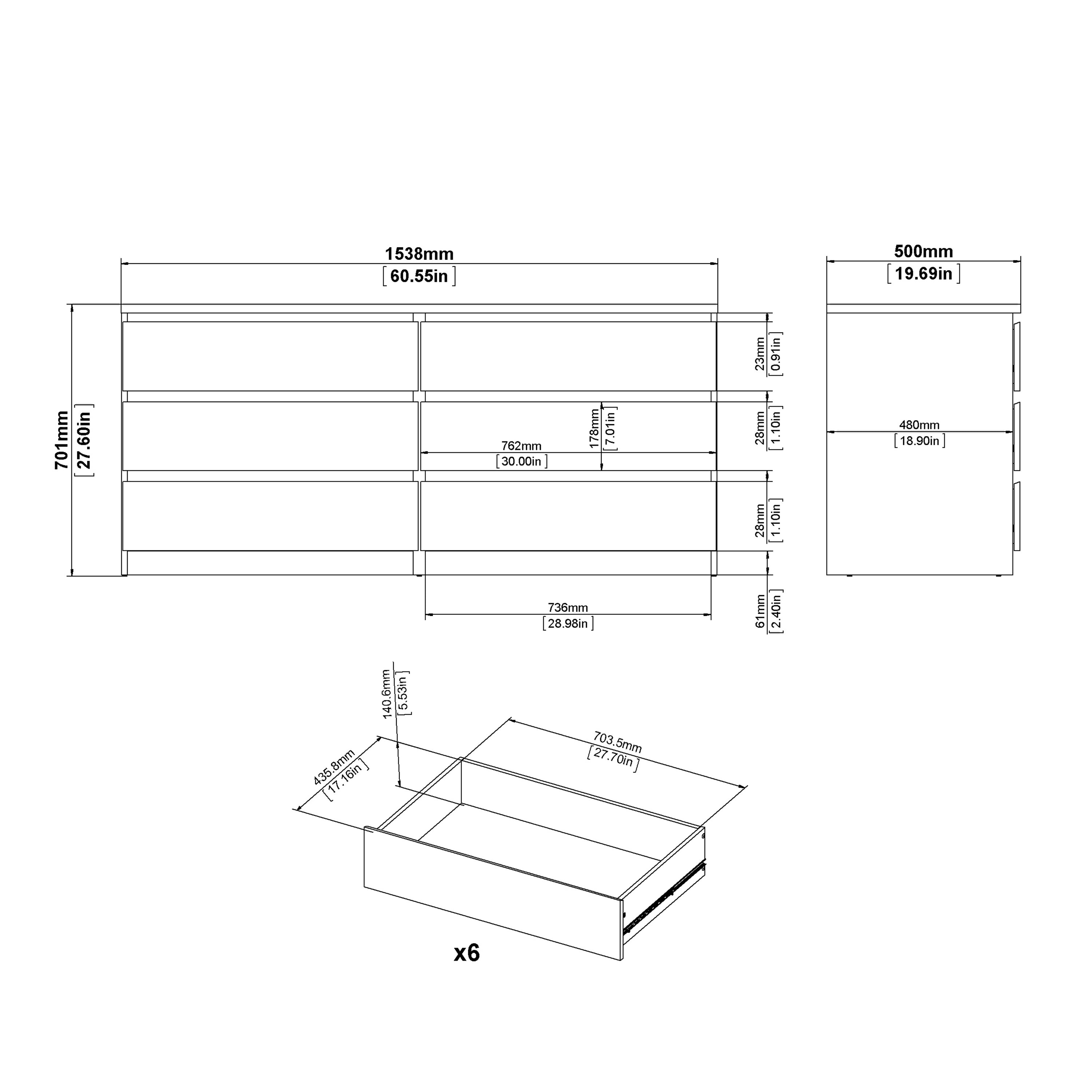 Naia Wide Chest of 6 Drawers (3+3) in Concrete and White High Gloss