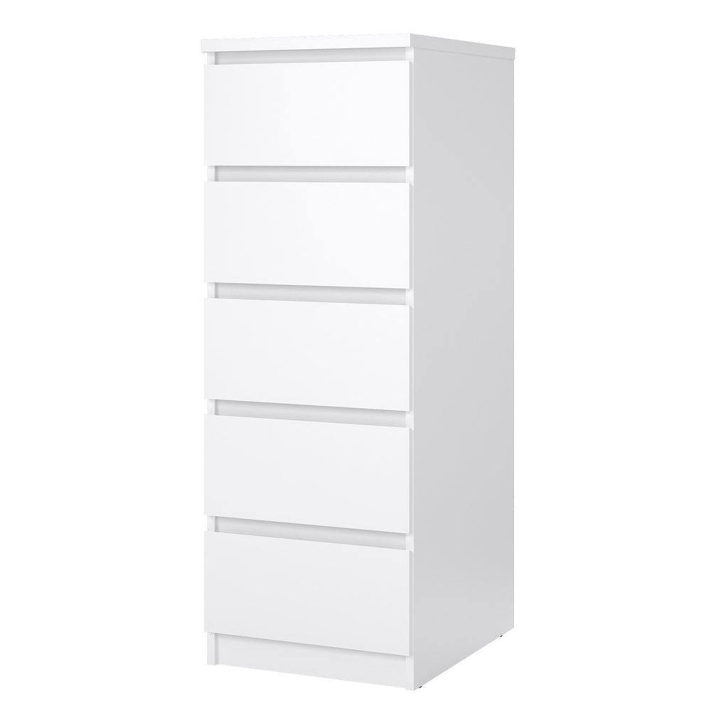 Naia Narrow Chest of 5 Drawers in White High Gloss