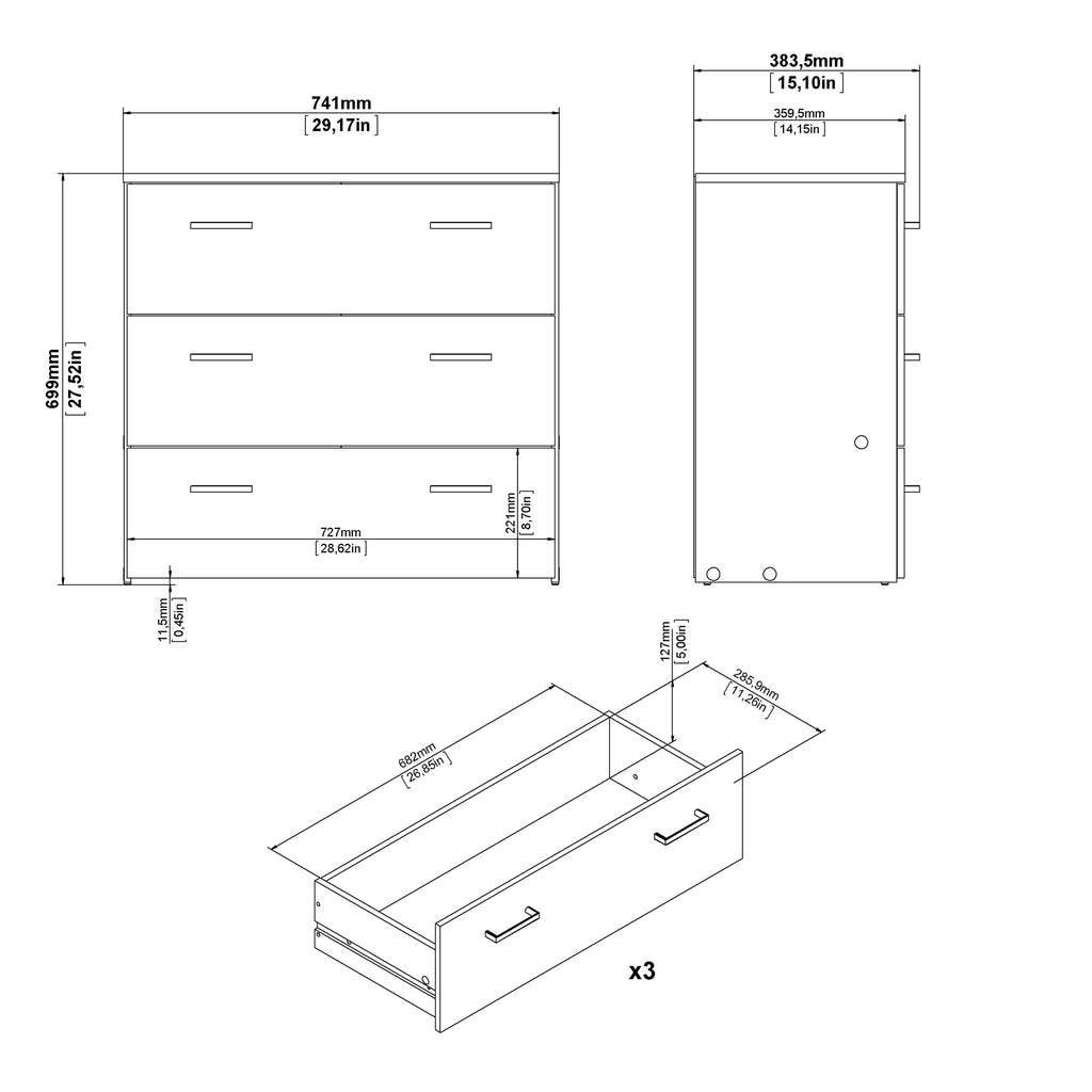 Space Package - Bedside 1 Drawer + Chest of 3 Drawers + Wardrobe with 2 Doors in White