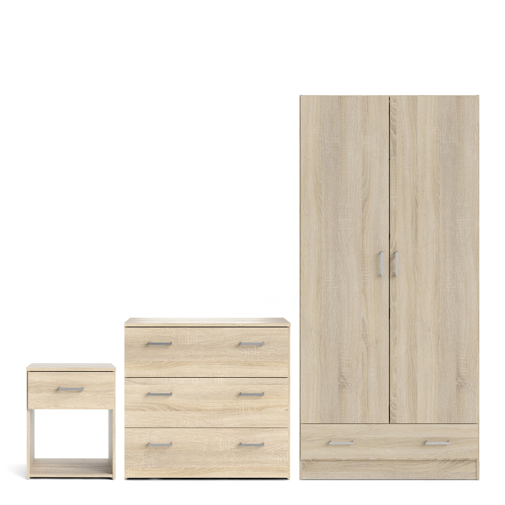 Space Package - Bedside 1 Drawer + Chest of 3 Drawers + Wardrobe with 2 Doors + 1 Drawer in Oak