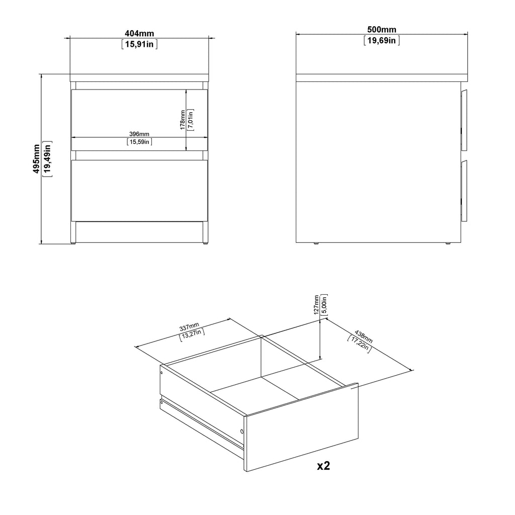 Naia Bedside 2 drawers in Concrete/White high gloss