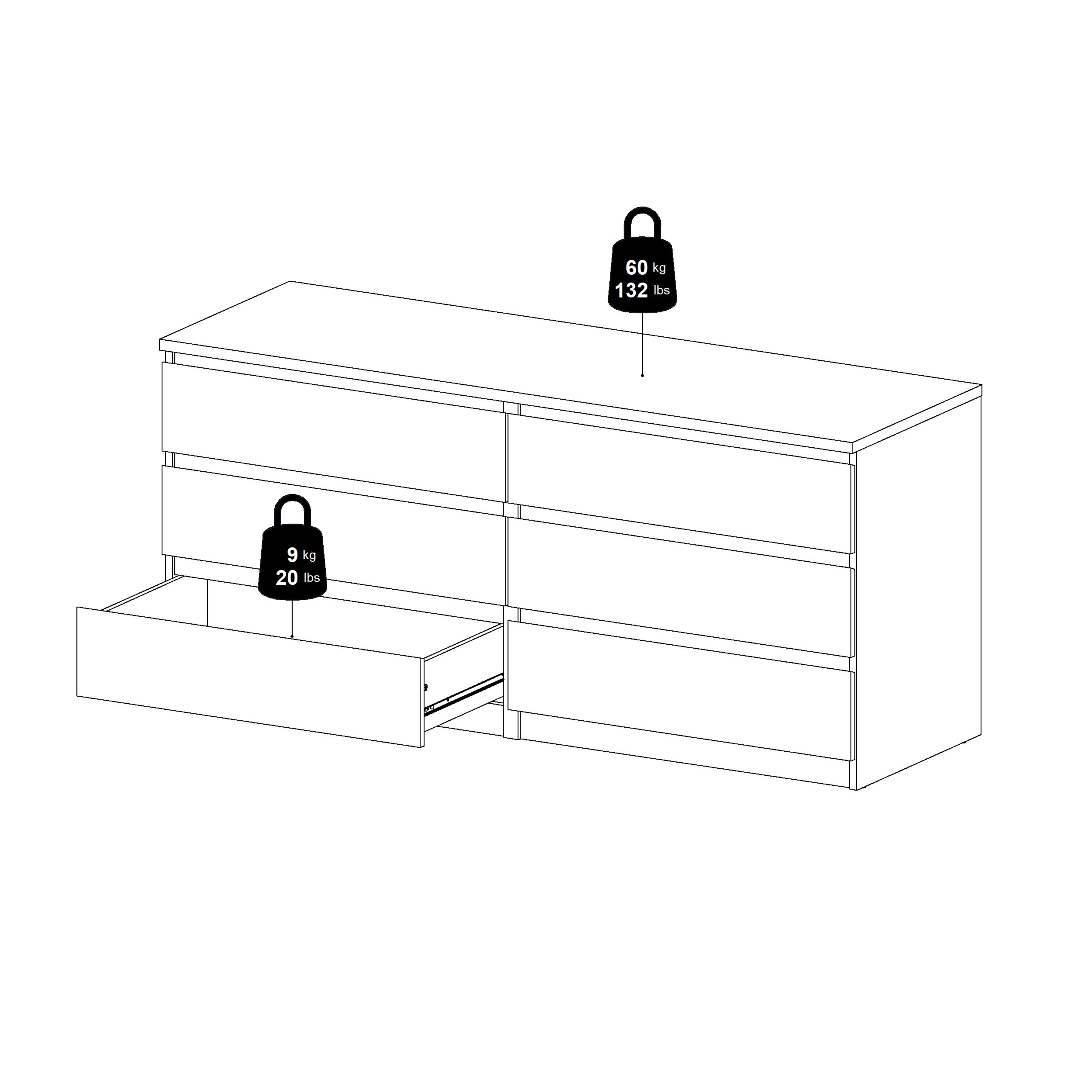 Naia Wide Chest of 6 Drawers (3+3) in Cashmere Jackson Hickory