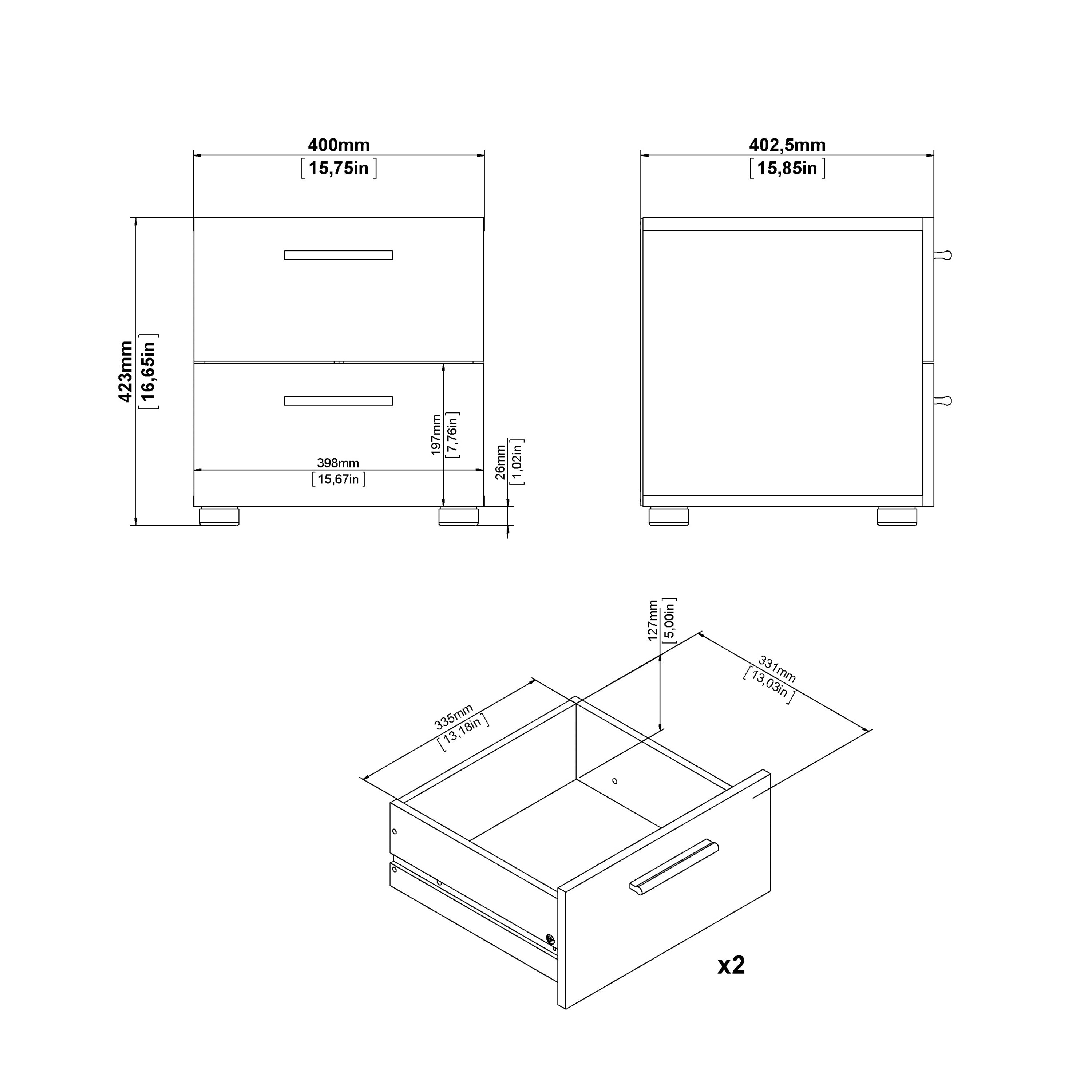 Pepe Bedside 2 Drawers in Oak with White High Gloss