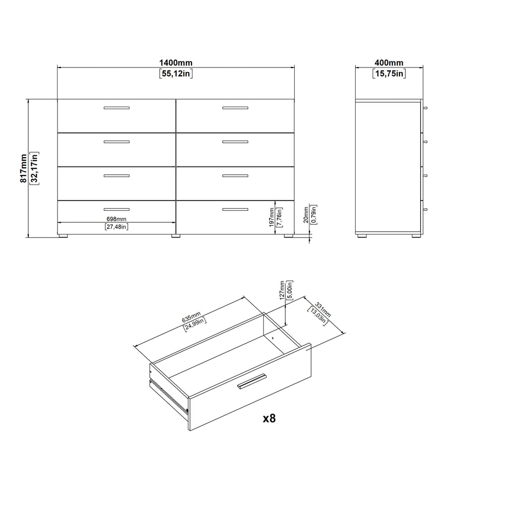 Pepe Wide Chest of 8 Drawers (4+4) in White