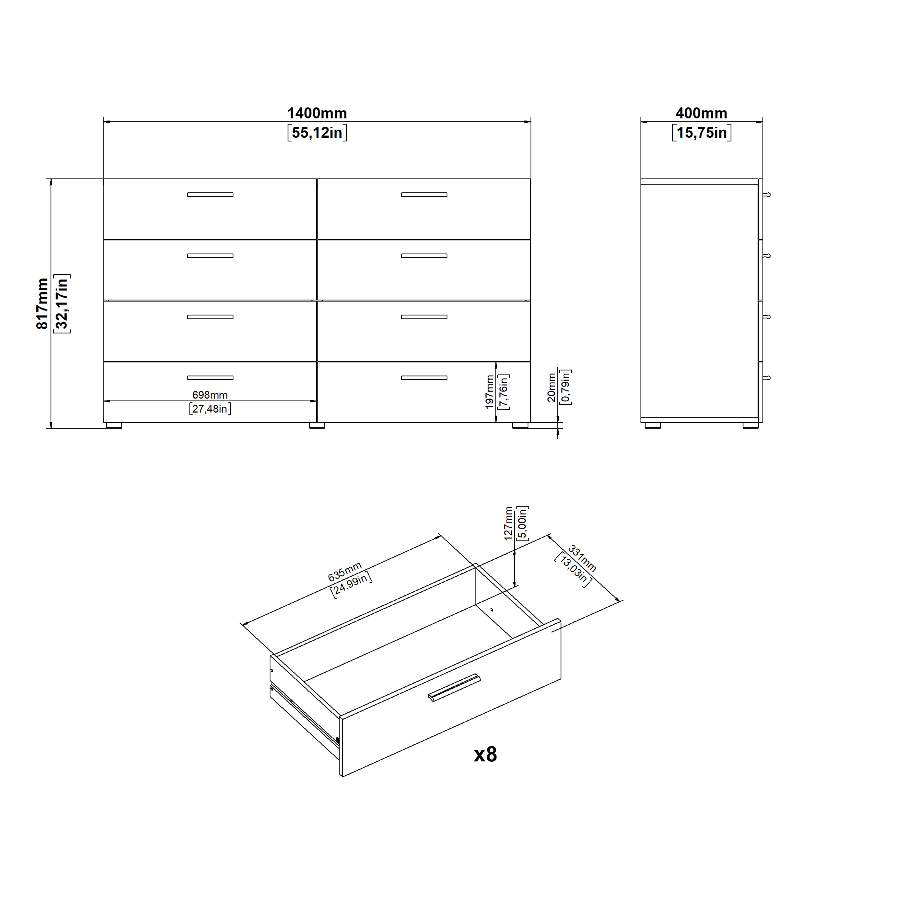 Pepe Wide Chest of 8 Drawers (4+4) in White