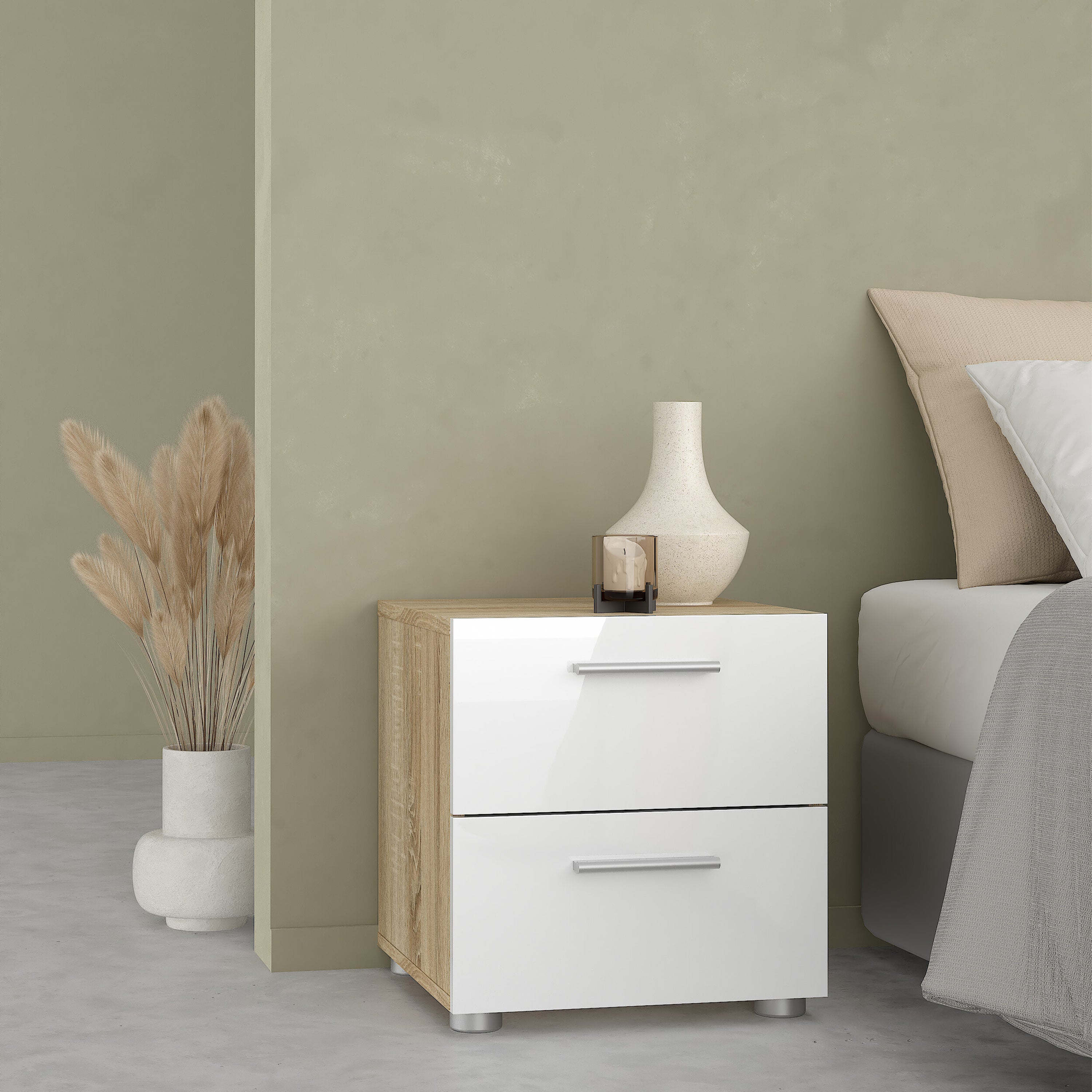 Pepe Bedside 2 Drawers in Oak structure/White High Gloss