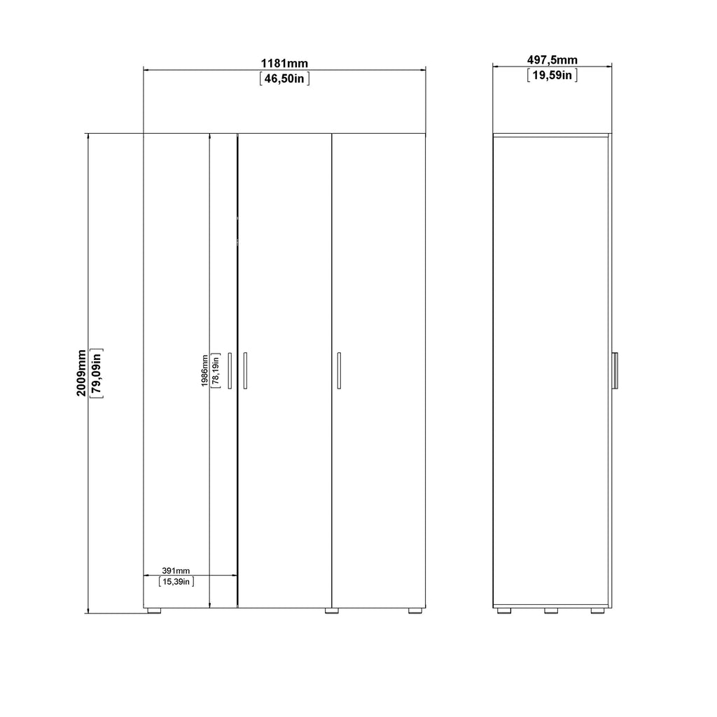 Pepe Wardrobe with 3 Doors in Oak with White High Gloss