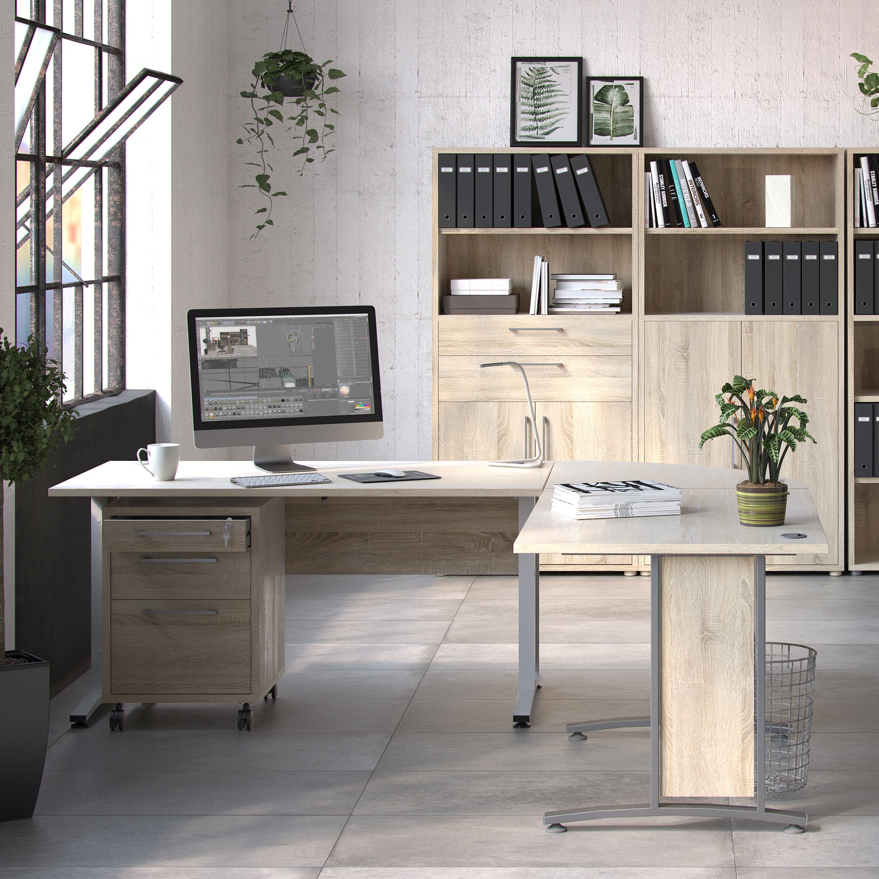 Prima Desk 150cm in Oak with Height Adjustable Legs with Electric Control in White