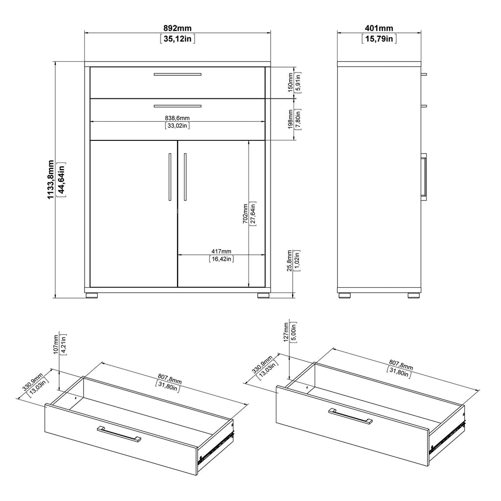 Prima Bookcase 3 Shelves with 2 Drawers 2 Doors in Oak