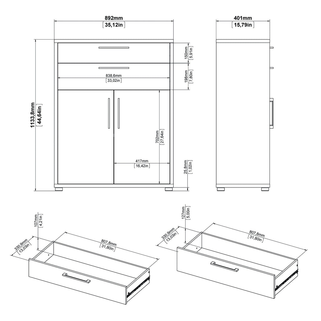 Prima Bookcase 1 Shelf with 2 Drawers 2 Doors in Oak