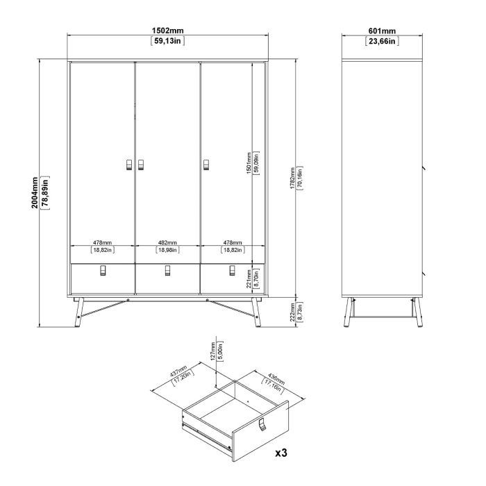Ry Package - Wardrobe 3 Doors + 3 Drawers + Double chest 6 Drawers + Bedside Cabinet 2 Drawers in Matt Black Walnut