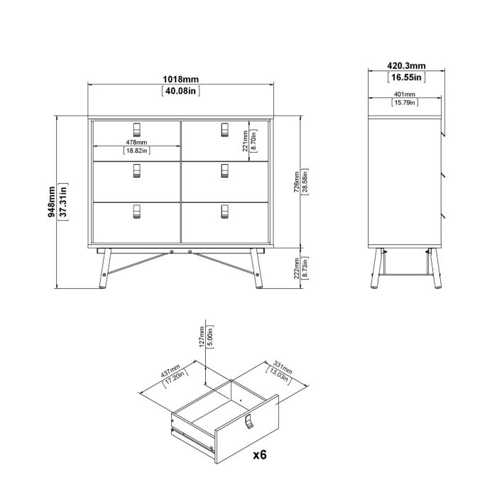 Ry Package - Wardrobe 3 Doors + 3 Drawers + Double chest 6 Drawers + Bedside Cabinet 2 Drawers in Matt Black Walnut