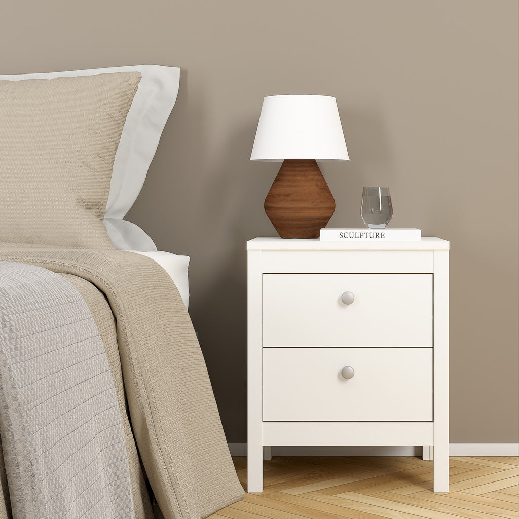Madrid Package - Bedside Table 2 Drawers + Chest 5 Drawers + Wardrobe with 2 Doors in White