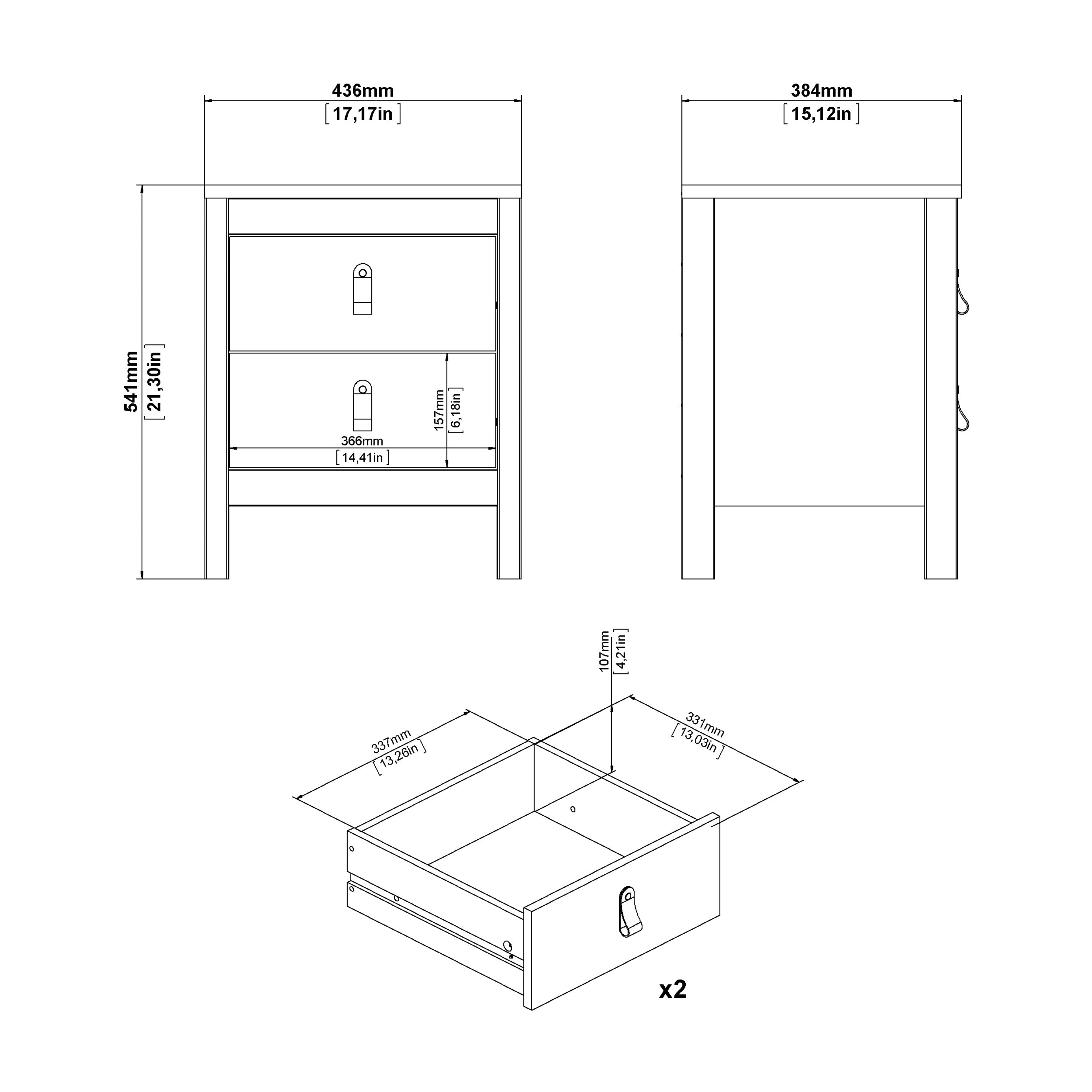 Madrid Package - Bedside Table 2 Drawers + Chest 5 Drawers + Wardrobe with 2 Doors in White
