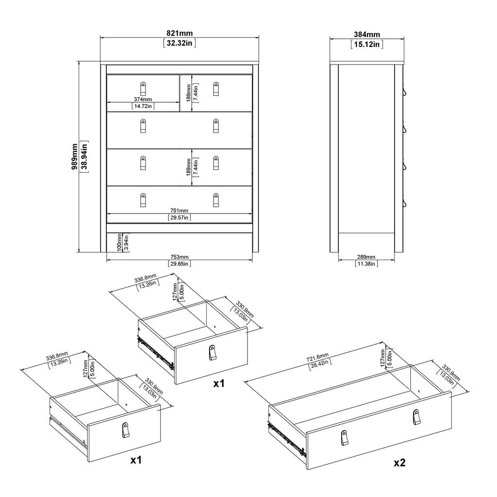 Madrid Package - Bedside Table 2 Drawers + Chest 5 Drawers + Wardrobe with 2 Doors in White