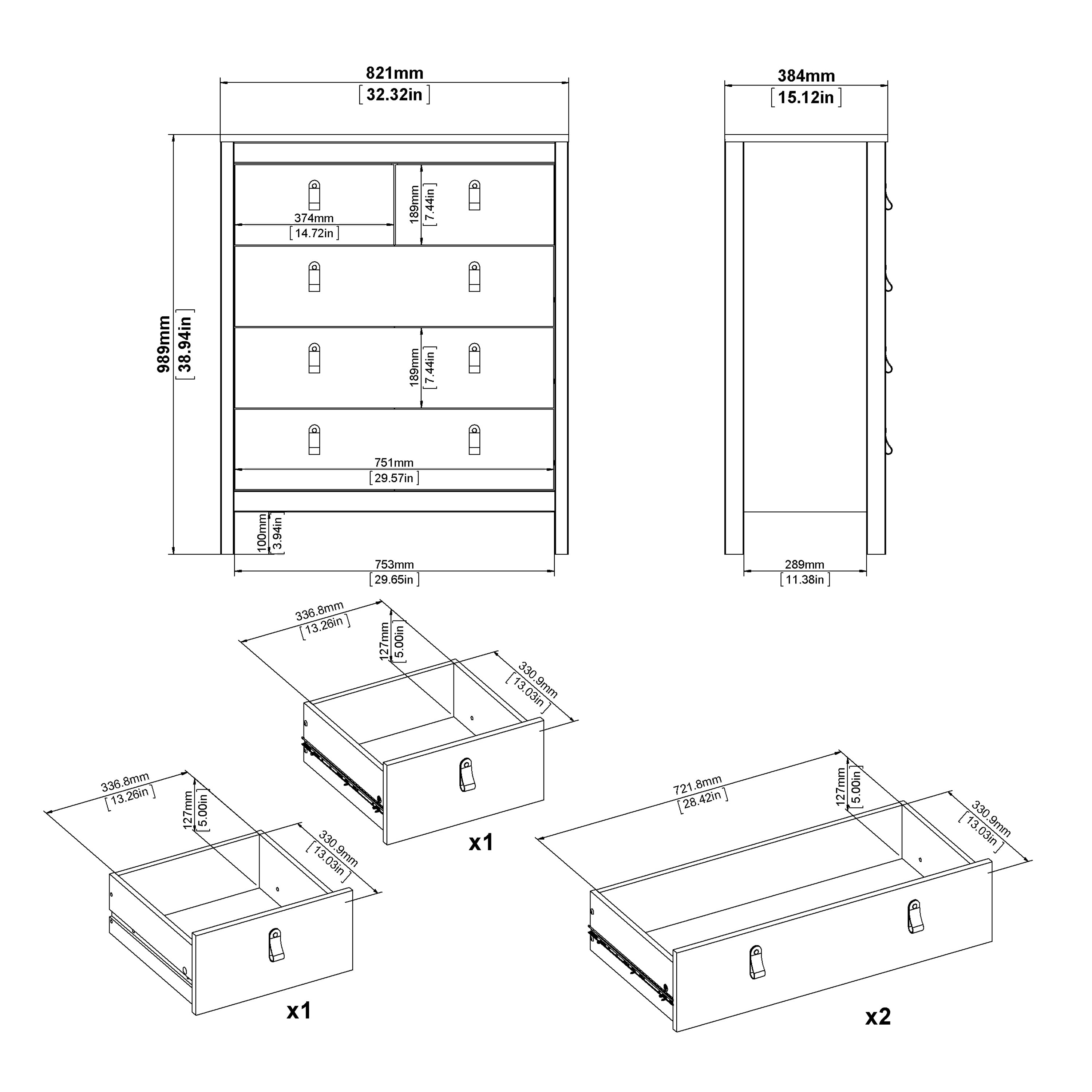 Madrid Package - Bedside Table 2 Drawers + Chest 5 Drawers + Wardrobe with 3 Doors in White