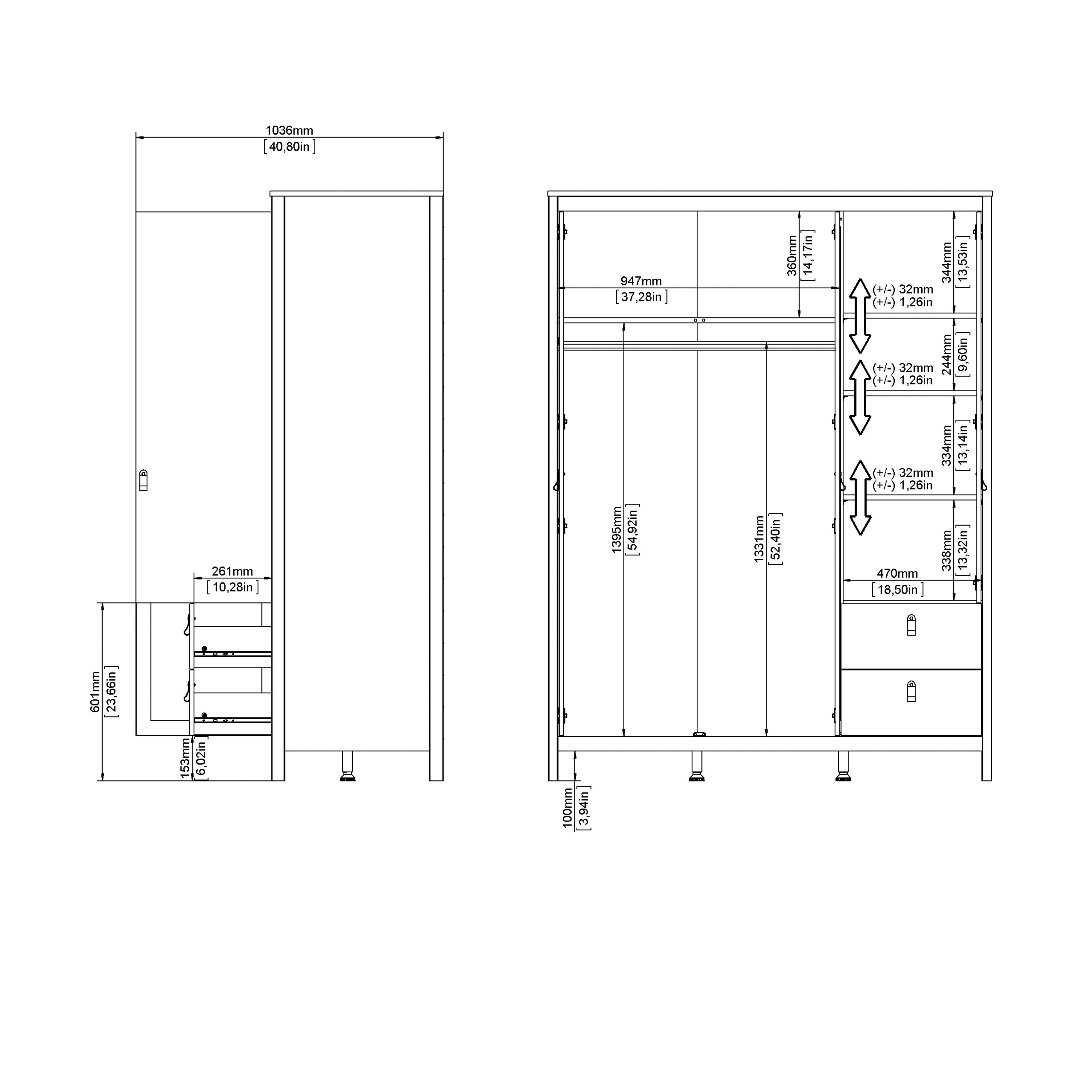 Madrid Wardrobe with 2 Doors + 1 Mirror Door + 2 Drawers in Cashmere