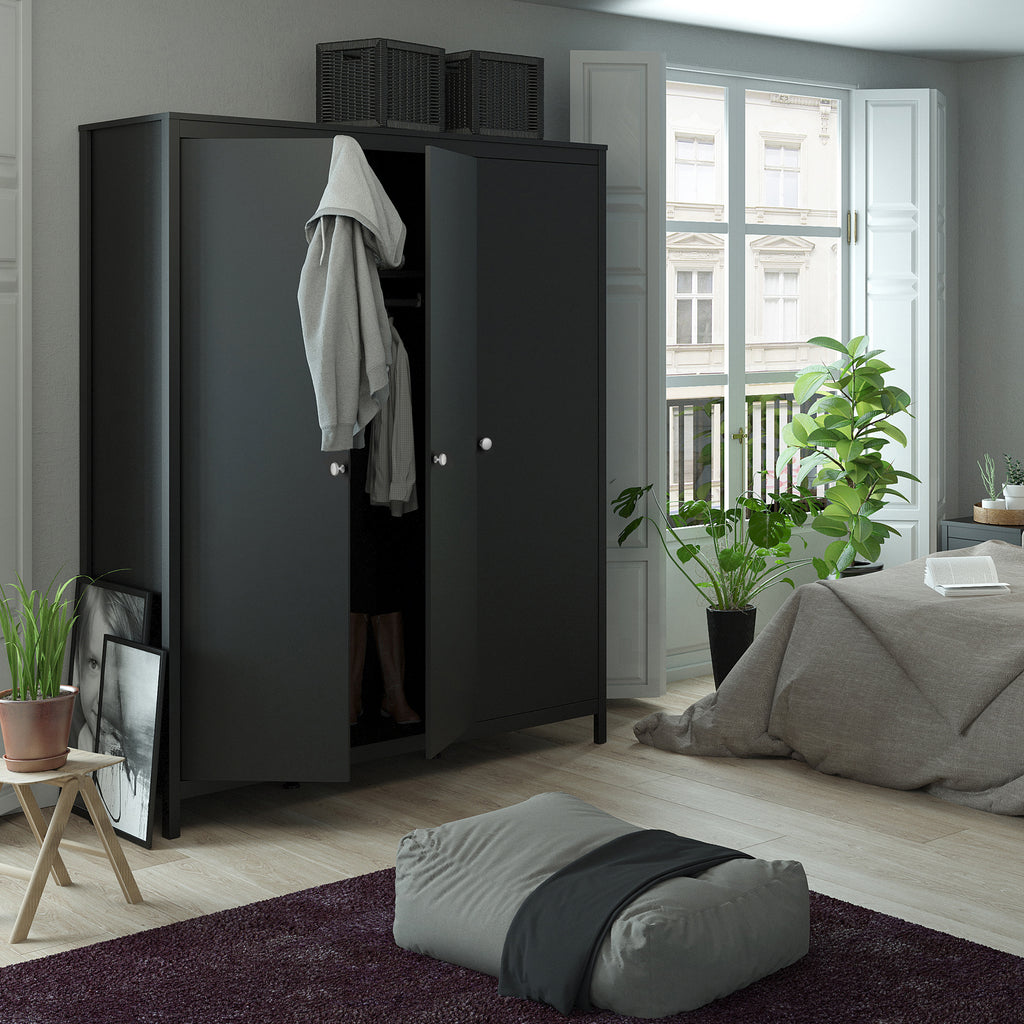 Madrid Package - Bedside Table 2 Drawers + Chest 5 Drawers + Wardrobe with 3 Doors in Matt Black