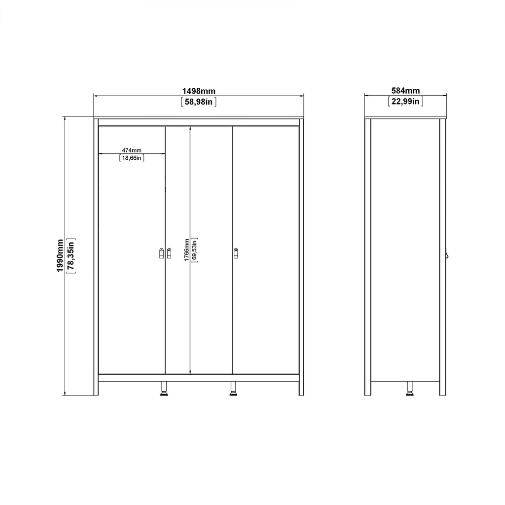 Madrid Package - Bedside Table 2 Drawers + Chest 5 Drawers + Wardrobe with 3 Doors in Matt Black