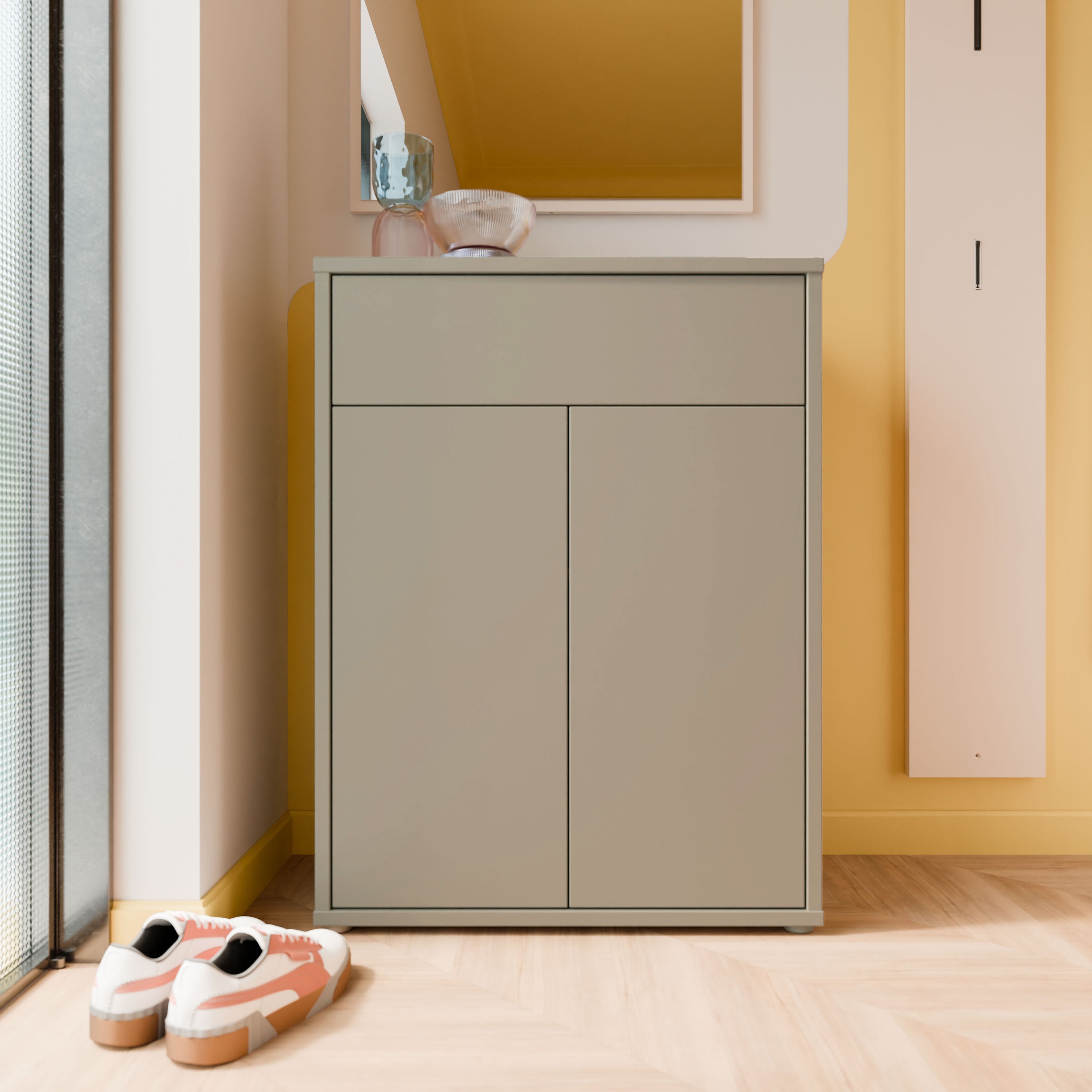Alice Springs Compact Shoe Cabinet with 2 Doors Push-to-Open & 1 Drawer Push-to-Open in Taupe