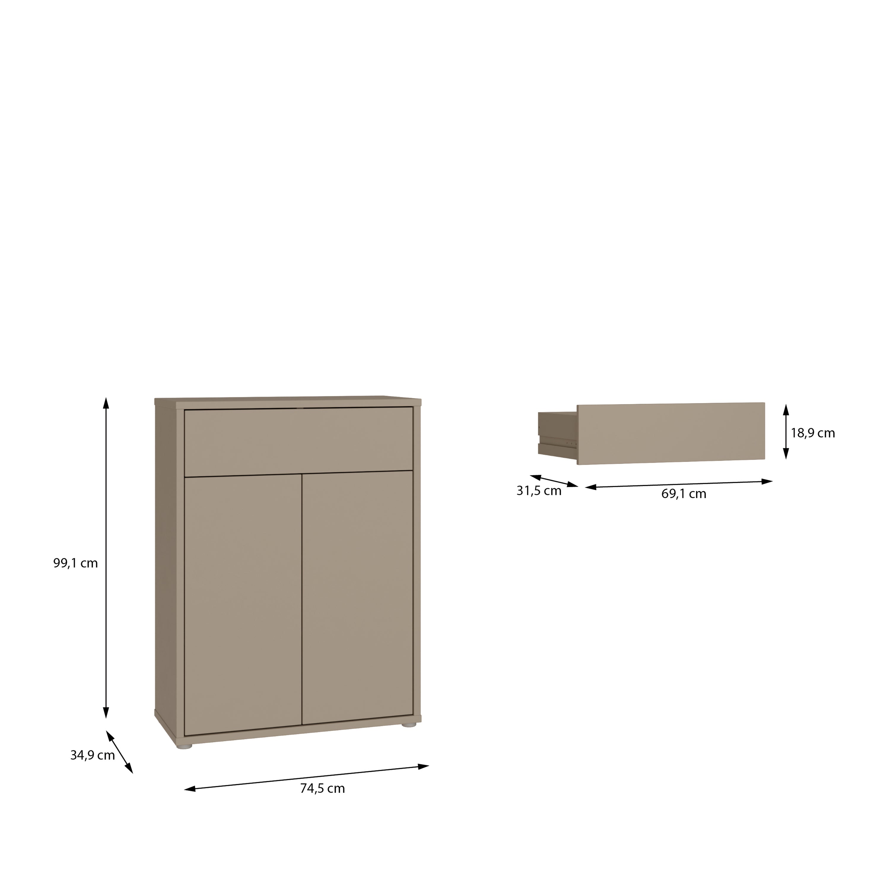 Alice Springs Compact Shoe Cabinet with 2 Doors Push-to-Open & 1 Drawer Push-to-Open in Taupe
