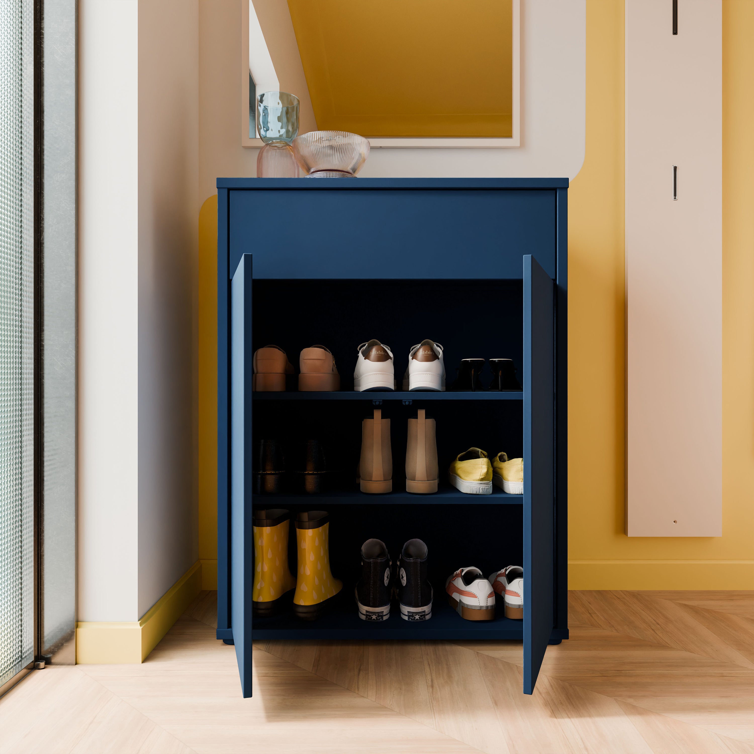 Alice Springs Compact Shoe Cabinet with 2 Doors Push-to-Open & 1 Drawer Push-to-Open in Night Blue