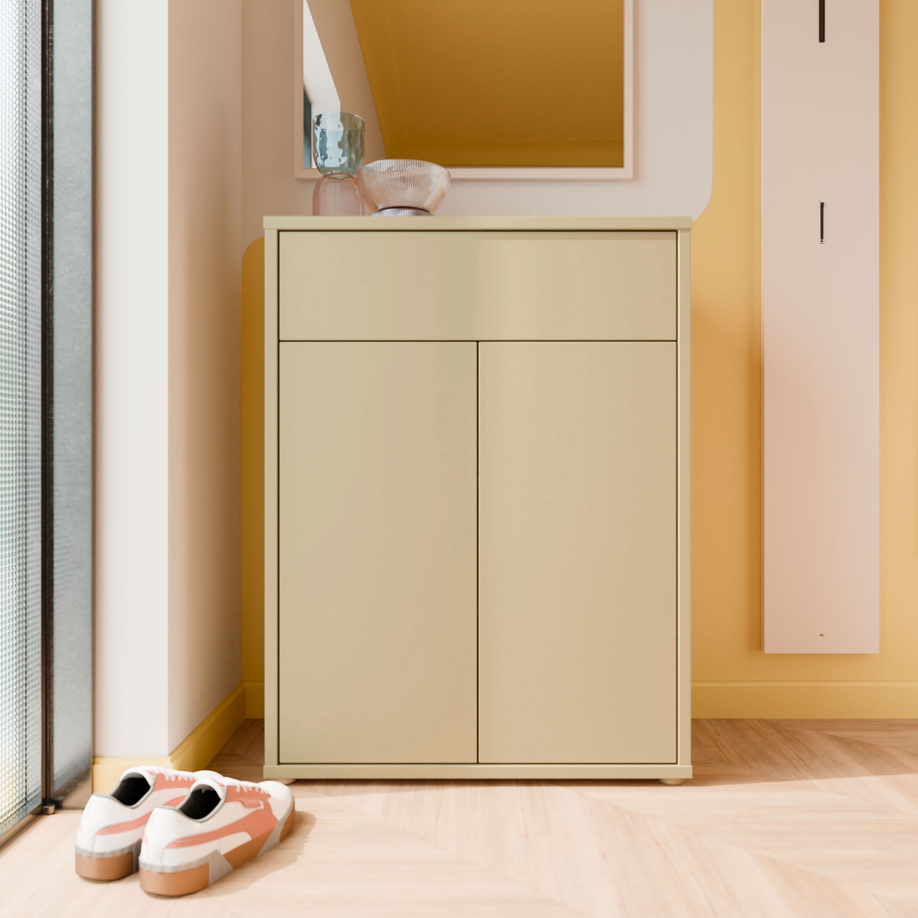 Alice Springs Compact Shoe Cabinet with 2 Doors Push-to-Open & 1 Drawer Push-to-Open in Butter Yellow