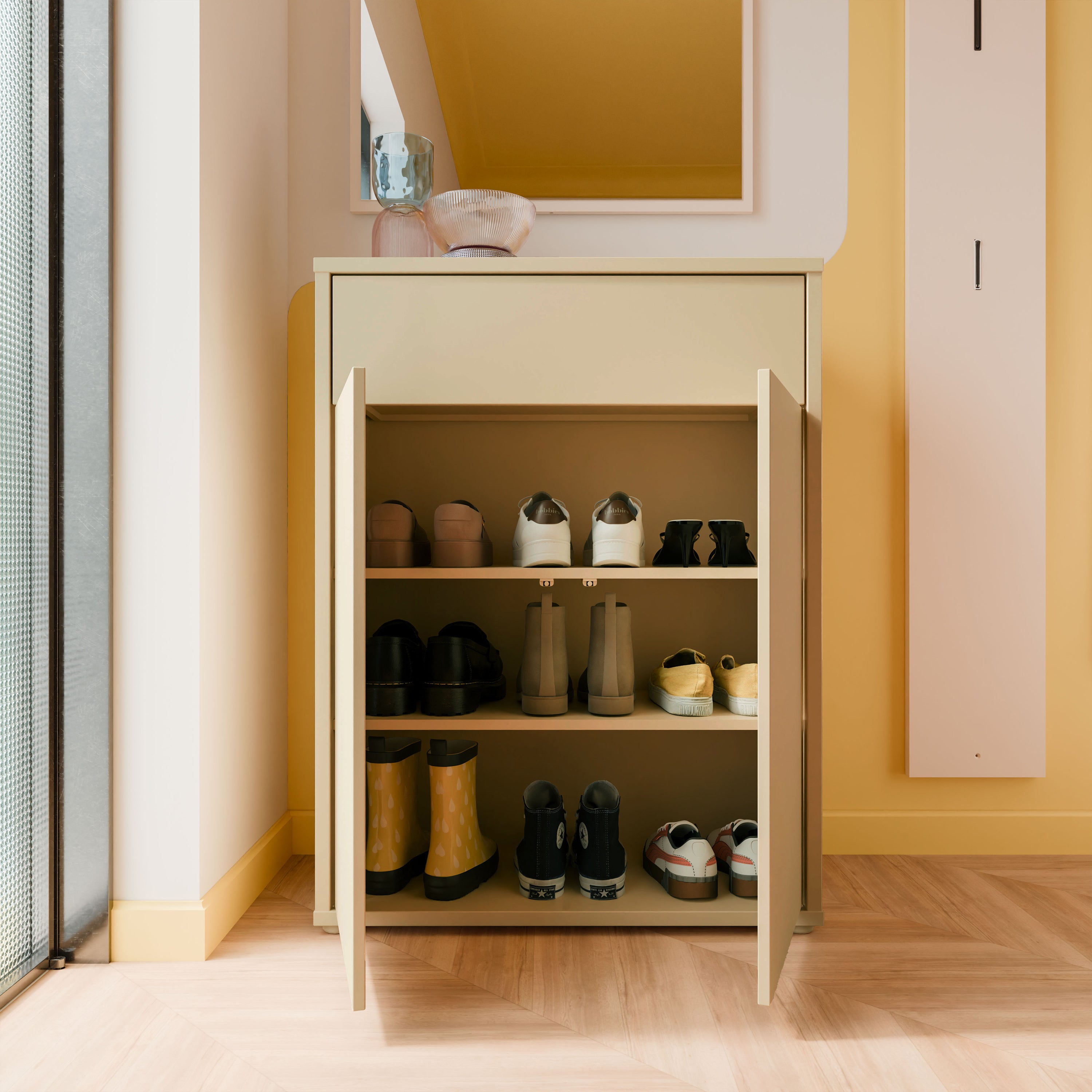 Alice Springs Compact Shoe Cabinet with 2 Doors Push-to-Open & 1 Drawer Push-to-Open in Butter Yellow