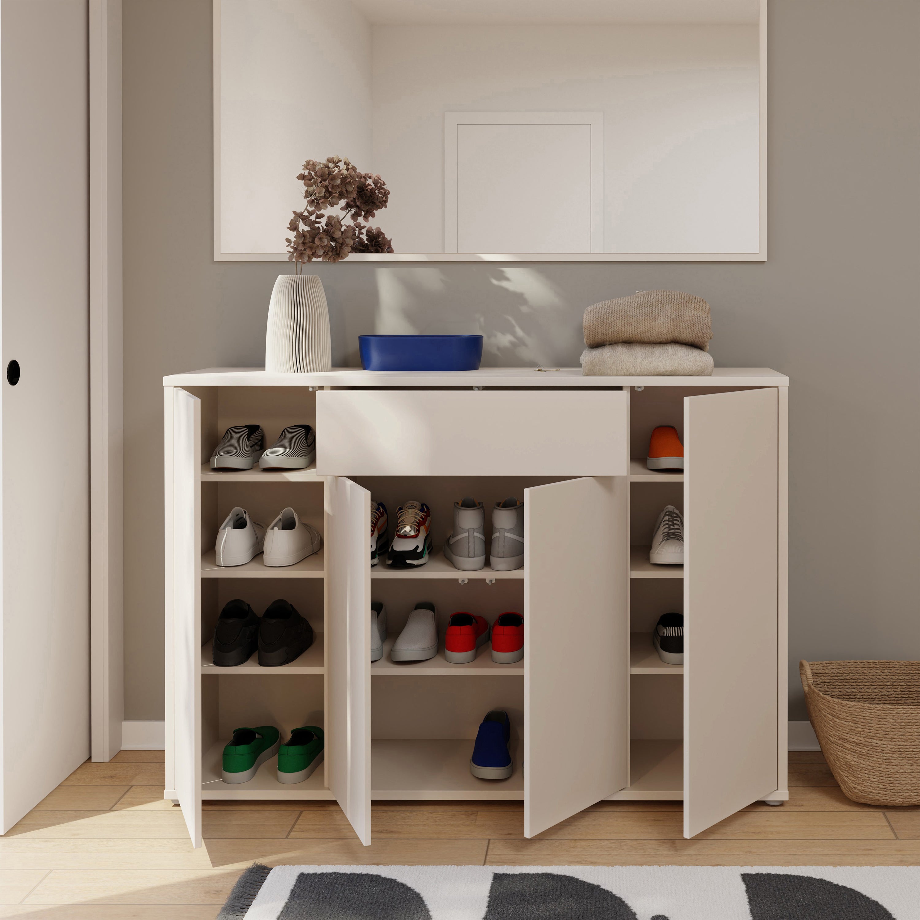 Alice Springs Shoe Cabinet with 4 Doors Push-to-Open & 1 Drawer Push-to-Open in Sand