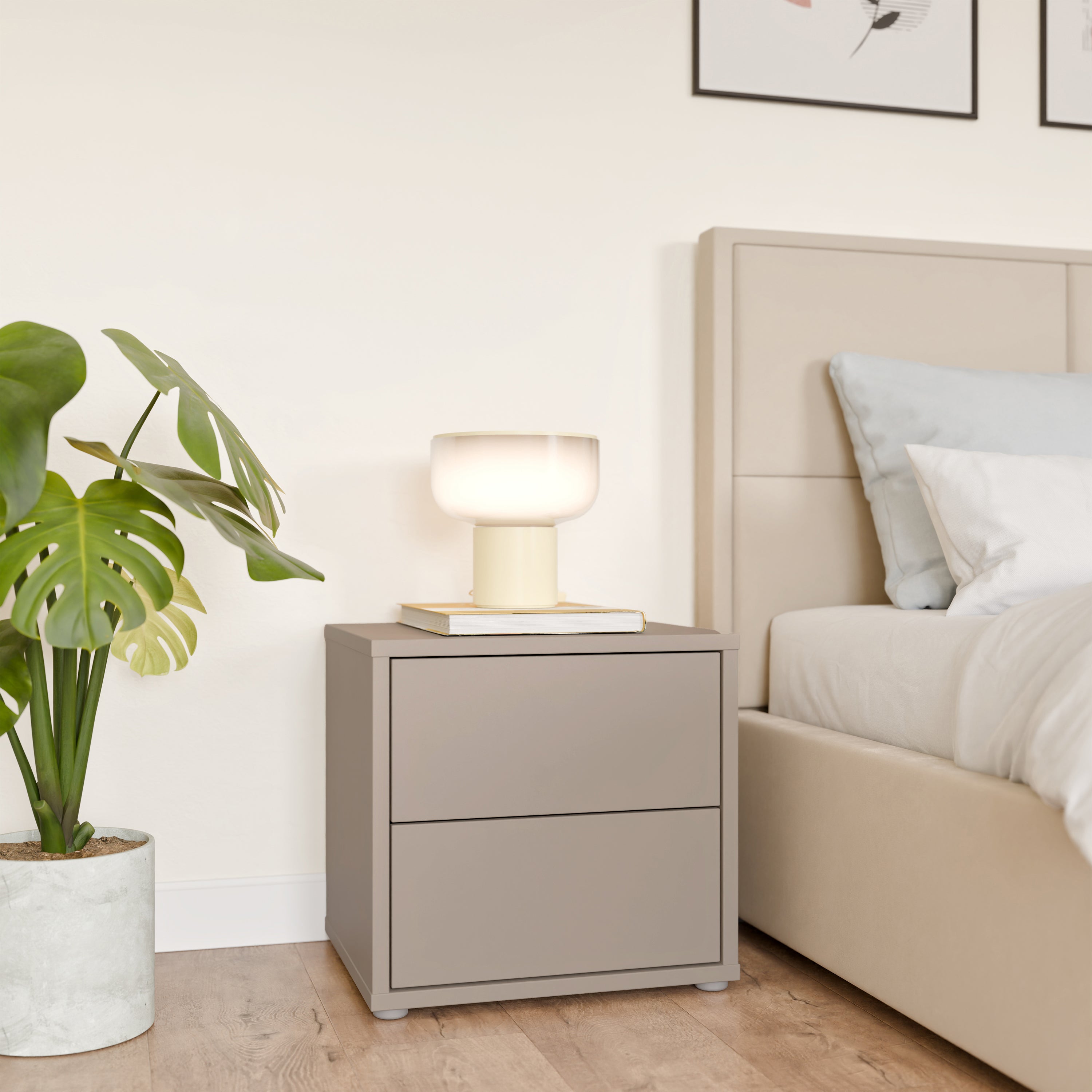Alice Springs Low Bedside Cabinet with 2 Drawers Push-to-Open in Taupe