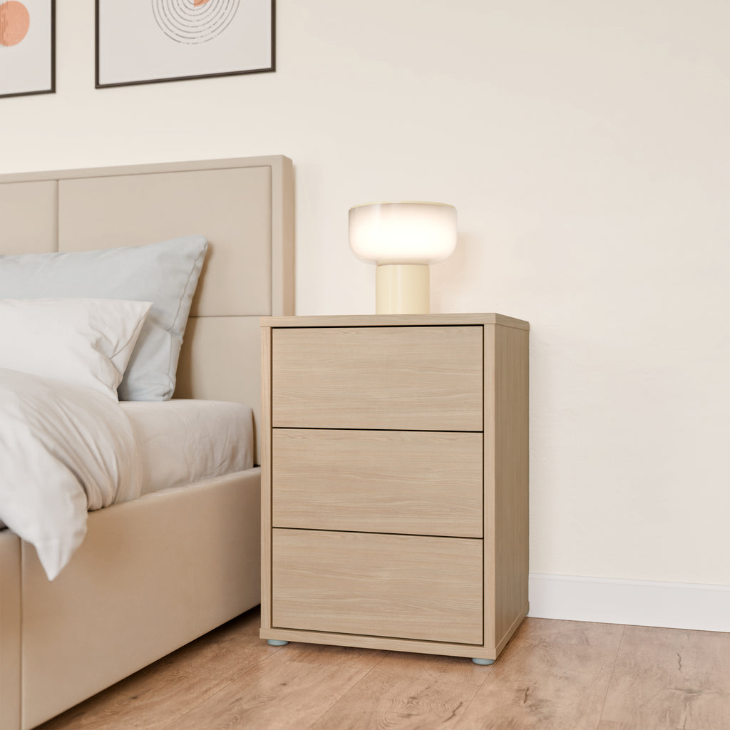 Alice Springs Bedside Cabinet with 3 Drawers Push-to-Open in Elegancia Oak