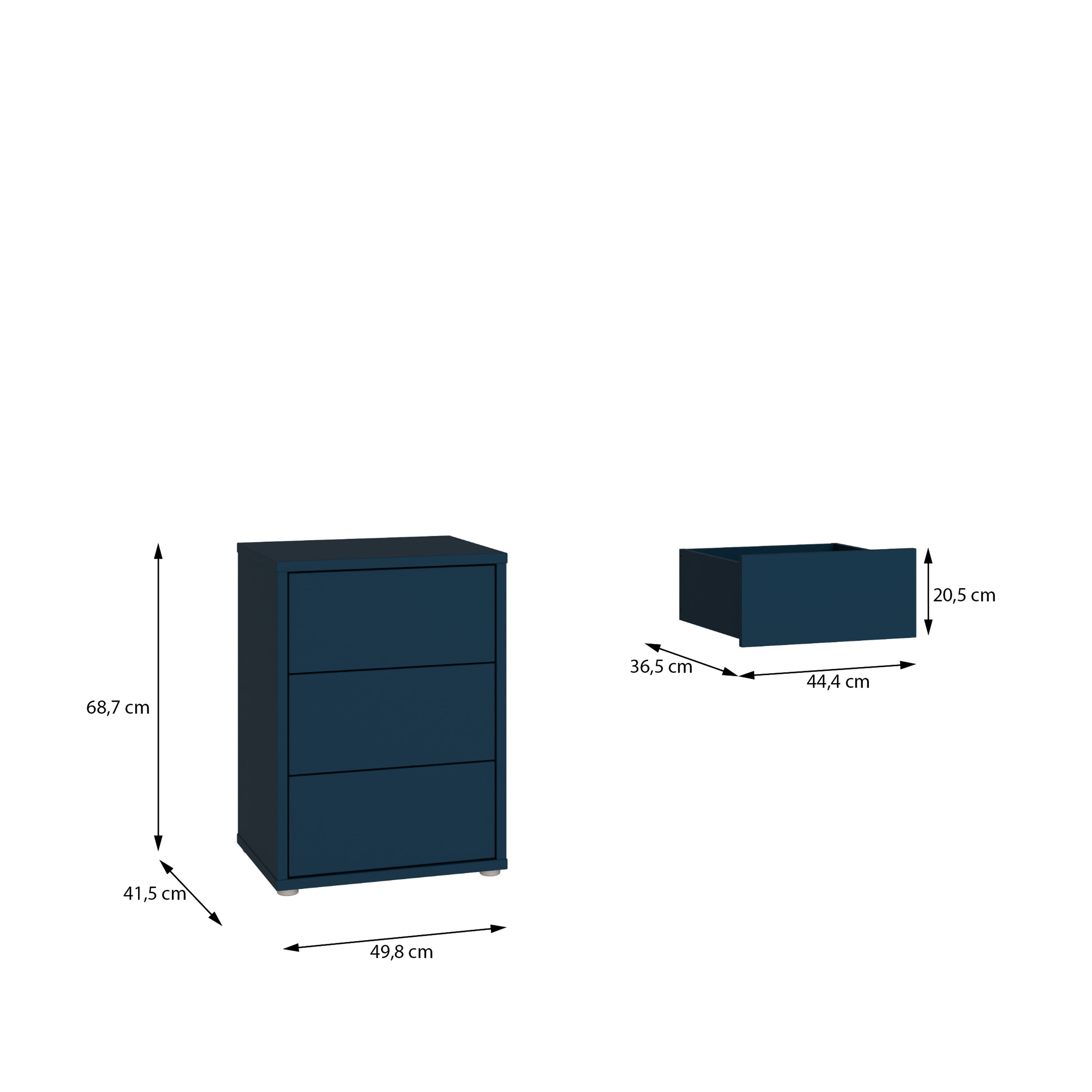 Alice Springs Bedside Cabinet with 3 Drawers Push-to-Open in Night Blue