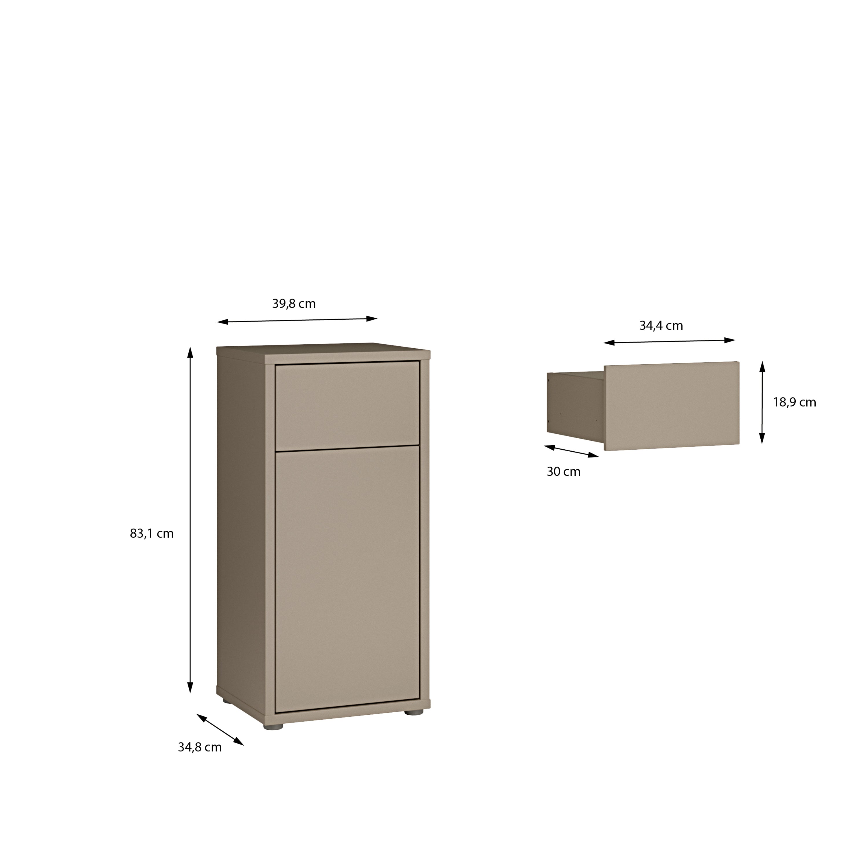 Alice Springs Low Bathroom Storage Cabinet with 1 Door Push-to-Open & 1 Drawer Push-to-Open in Taupe