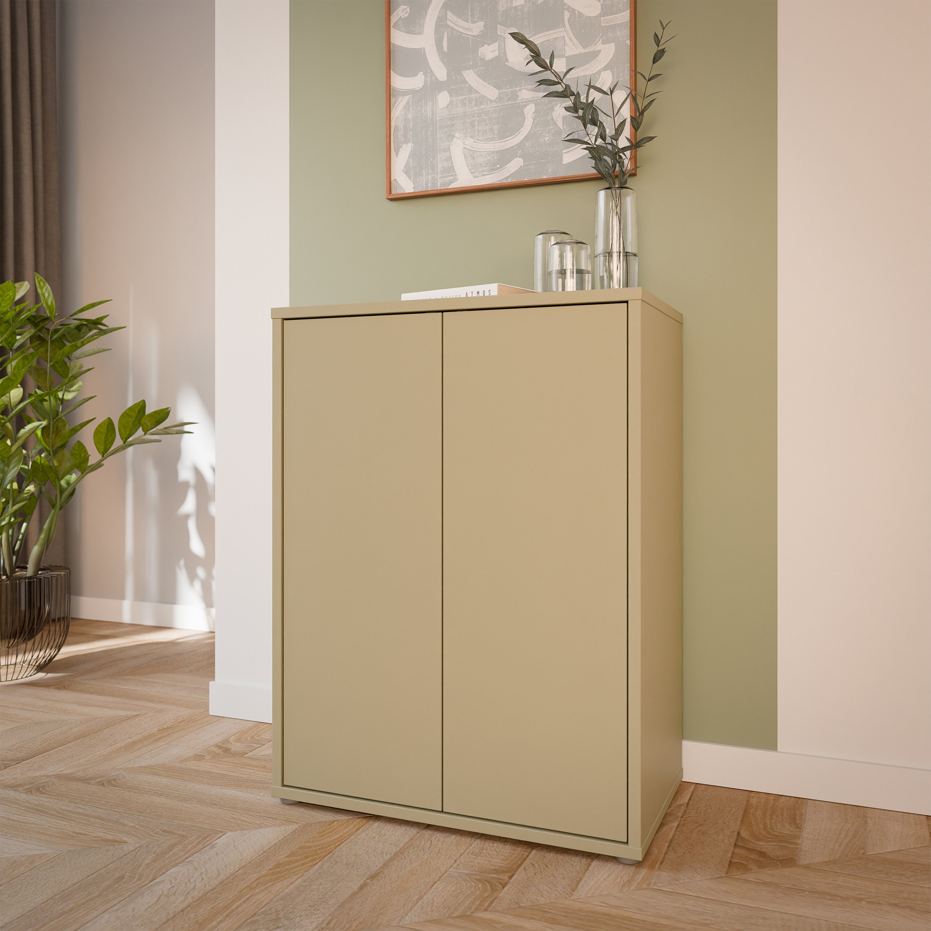 Alice Springs Tall 2 Door Cupboard with Push-to-Open Doors in Butter Yellow