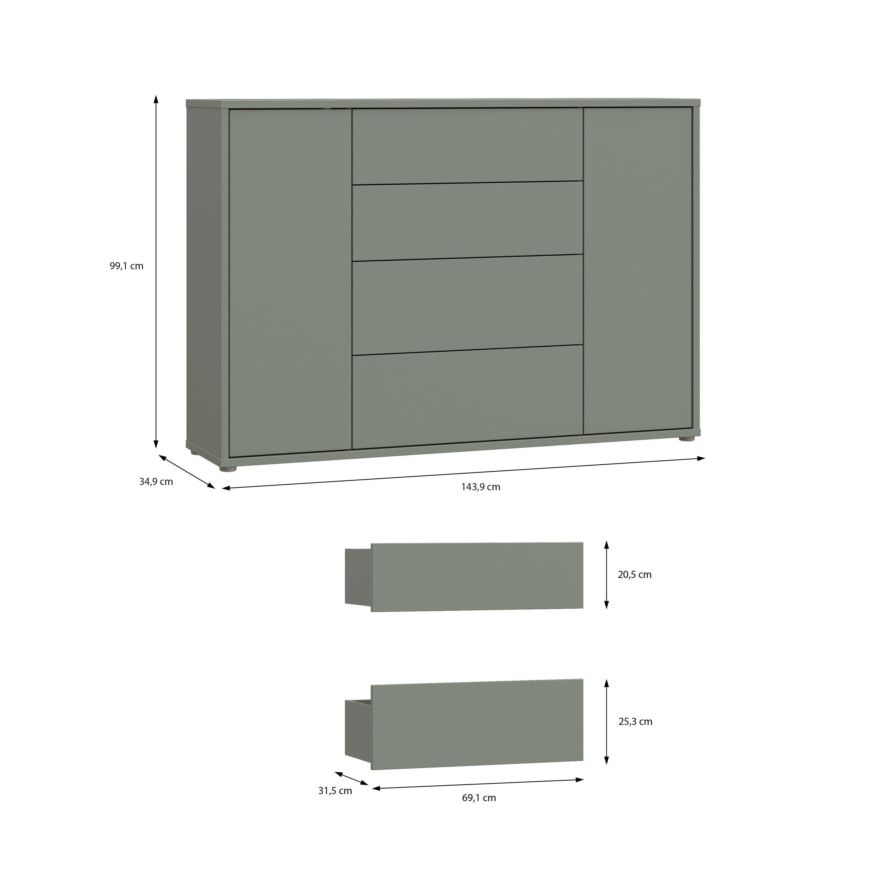 Alice Springs Wide Sideboard with 4 Drawers & 2 Doors with Push-to-Open in Sage Green