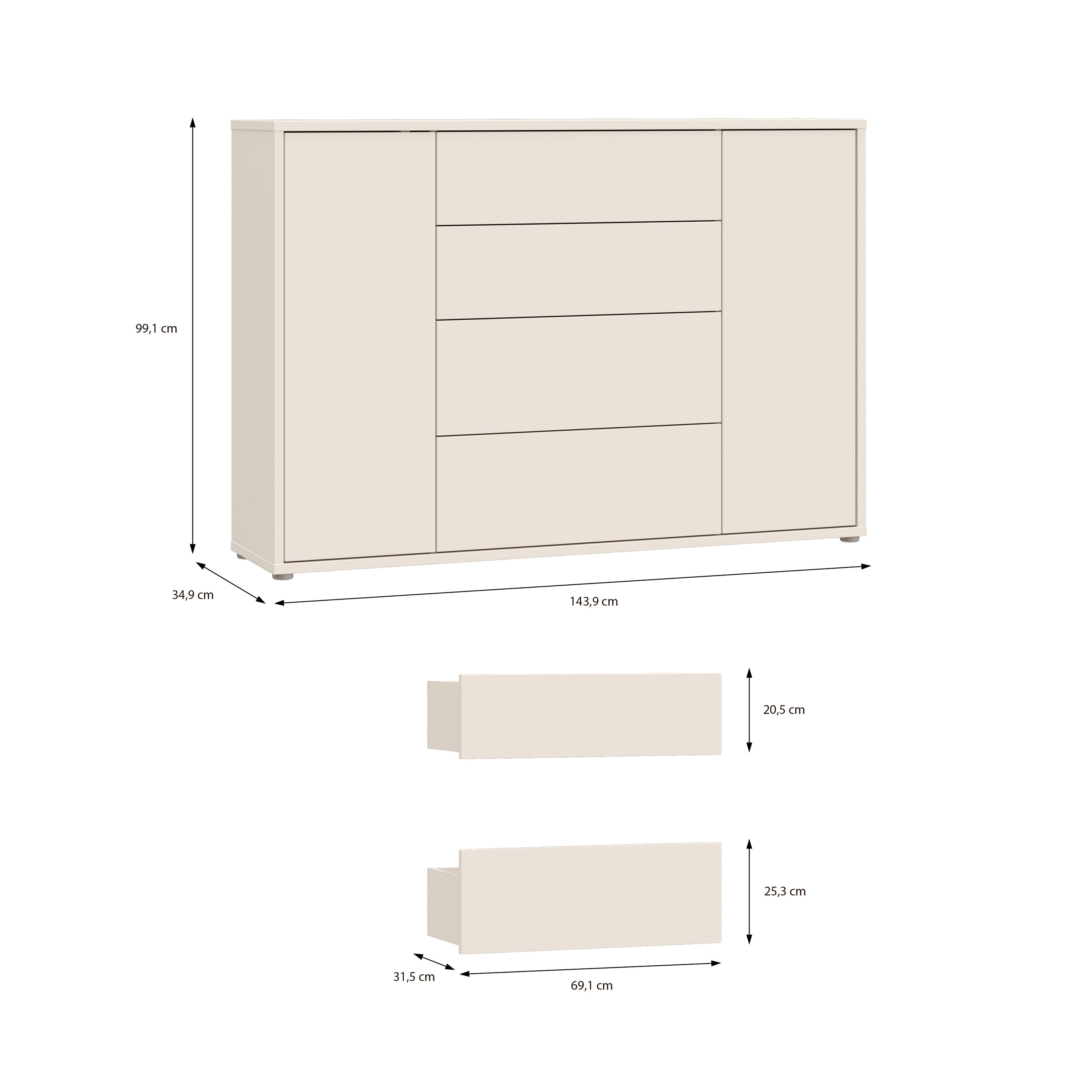Alice Springs Wide Sideboard with 4 Drawers & 2 Doors with Push-to-Open in Sand