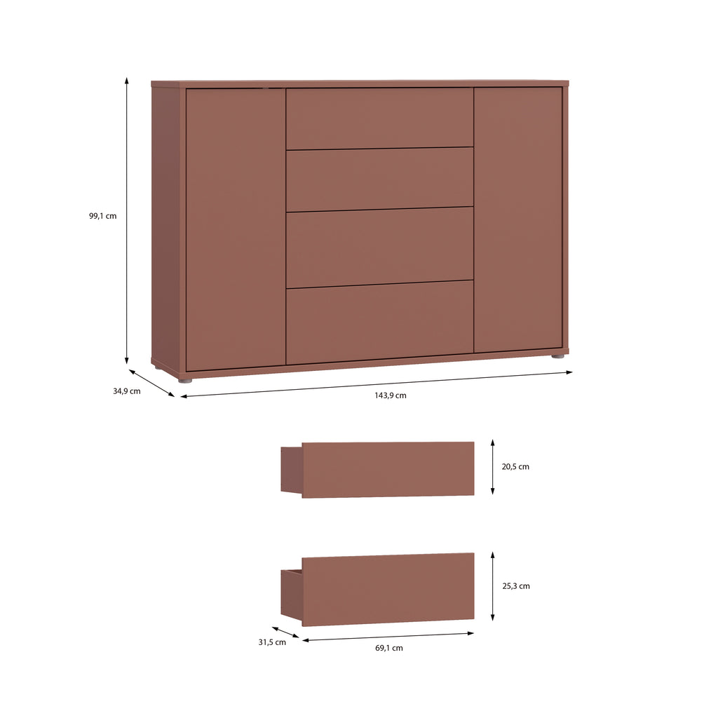 Alice Springs Wide Sideboard with 4 Drawers & 2 Doors with Push-to-Open in Terracotta