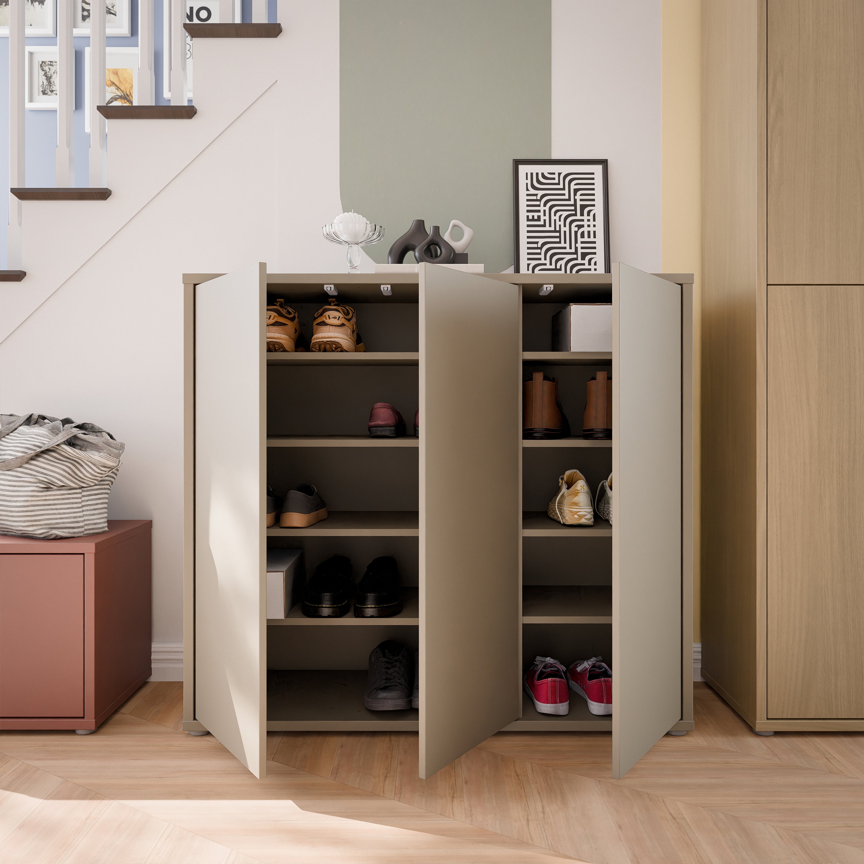 Alice Springs Shoe Cabinet with 3 Doors Push-to-Open in Taupe