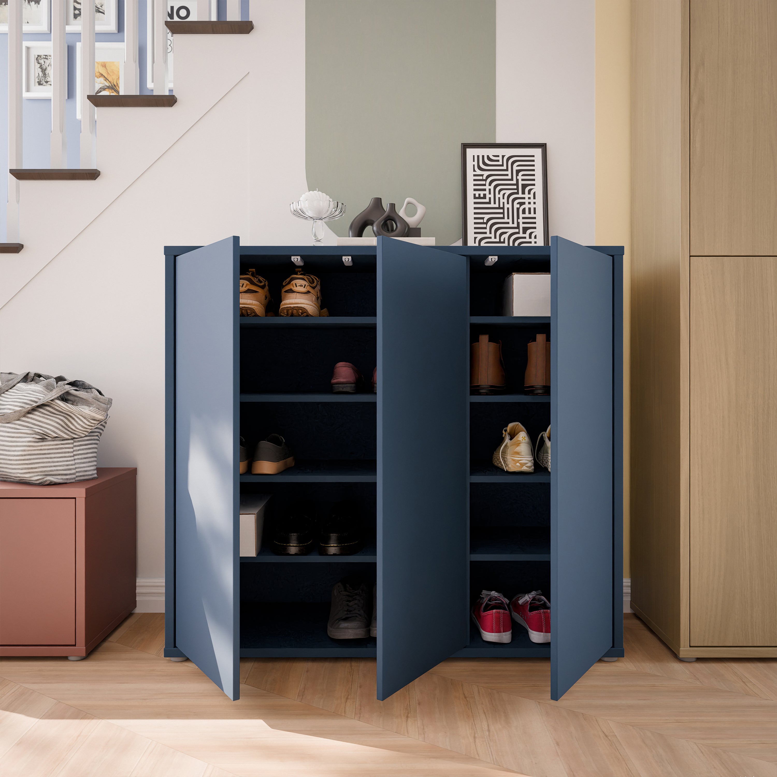 Alice Springs Shoe Cabinet with 3 Doors Push-to-Open in Night Blue