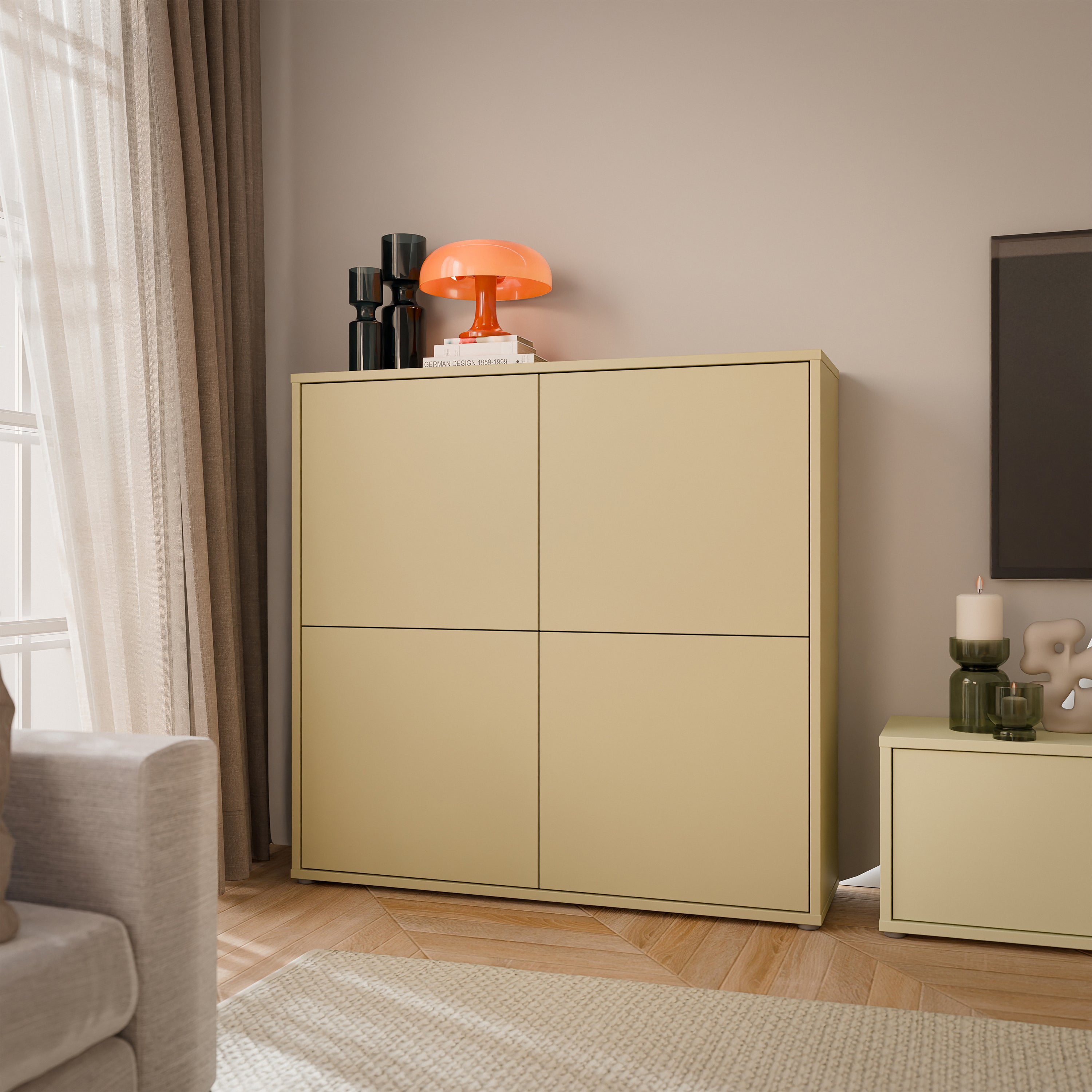 Alice Springs 4 Door Large Storage Cabinet with Push-to-Open Doors in Butter Yellow